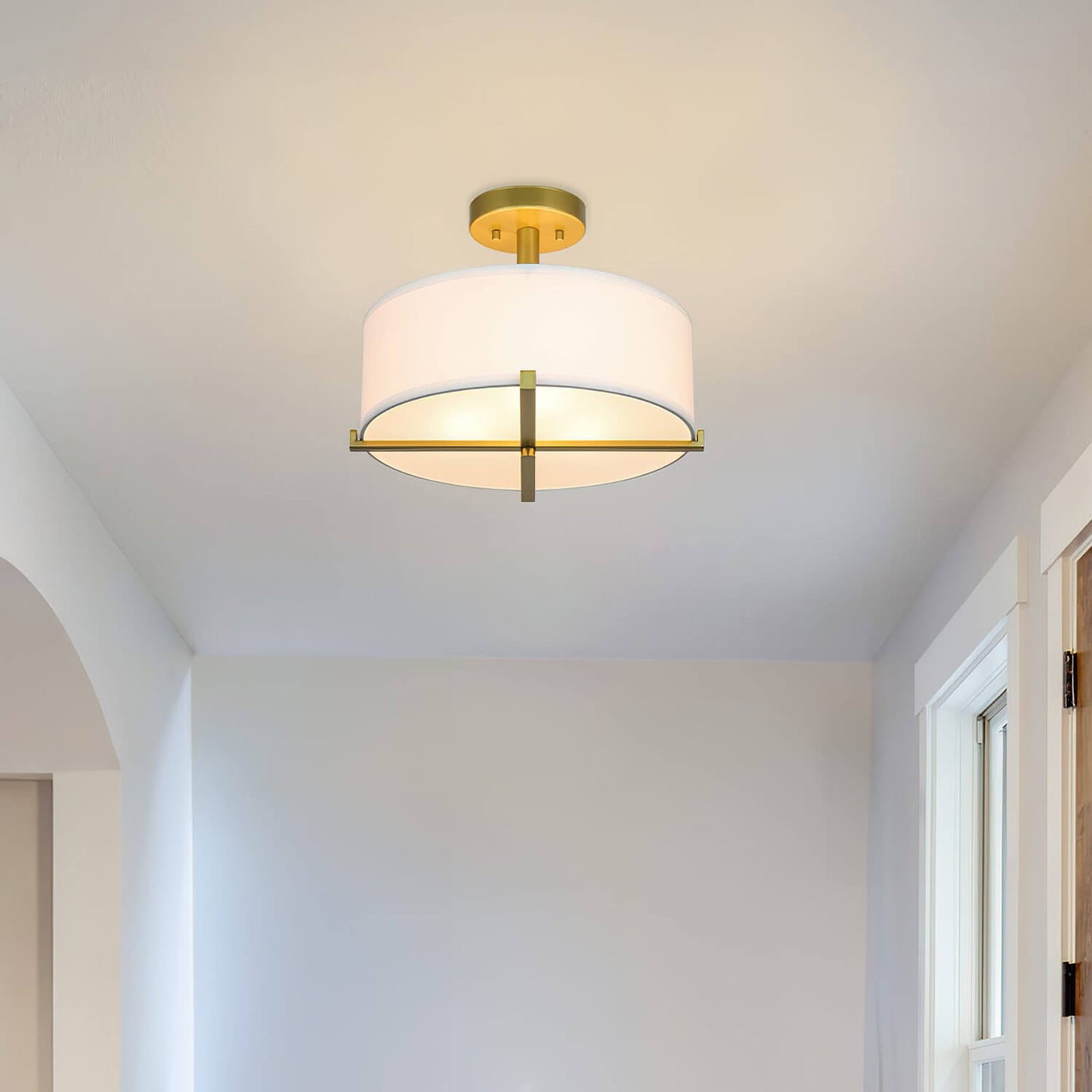 14 inch Gold 3-Light Drum Semi Flush Mount Ceiling Light with Fabric Shade XB-SF1292-GB