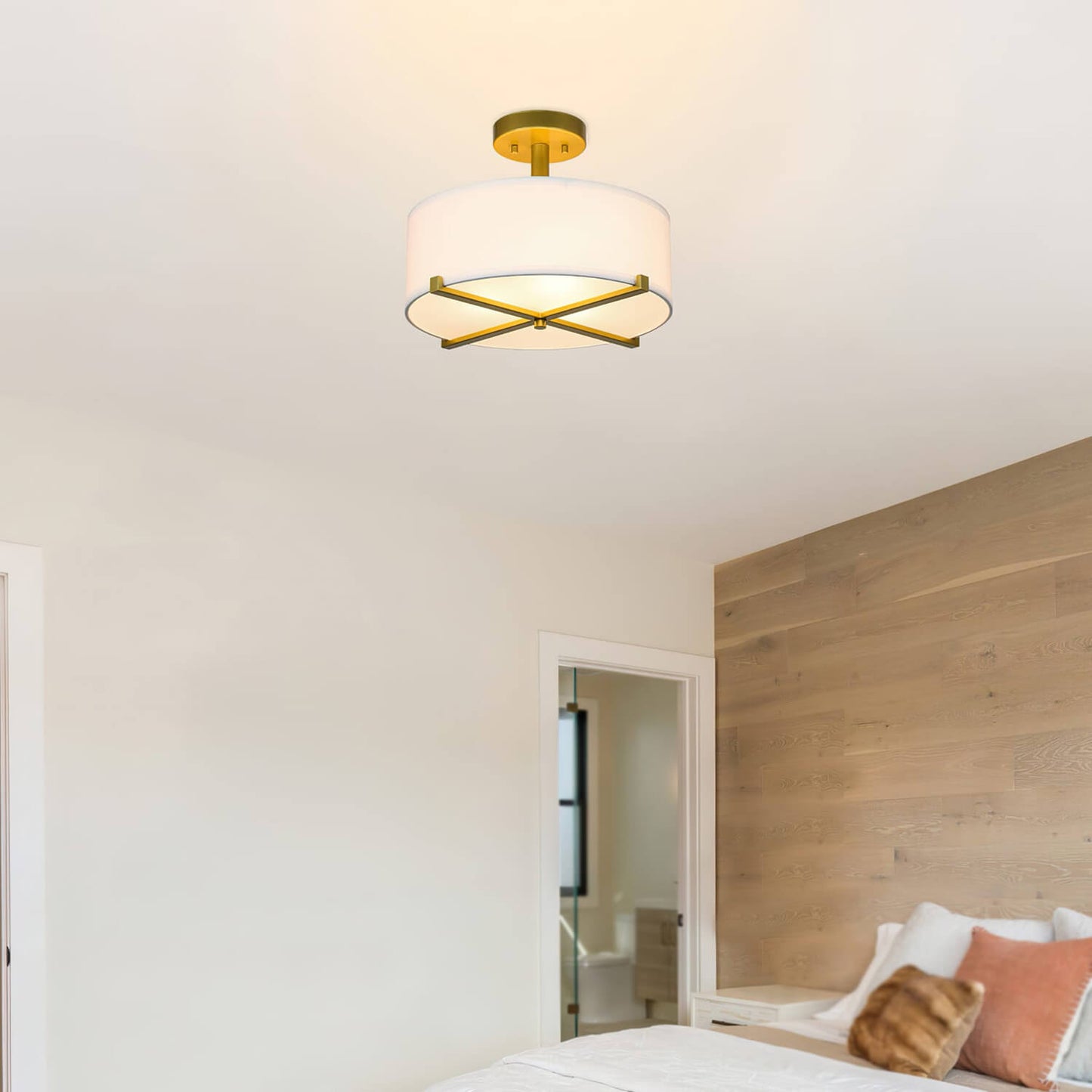 14 inch Gold 3-Light Drum Semi Flush Mount Ceiling Light with Fabric Shade XB-SF1292-GB