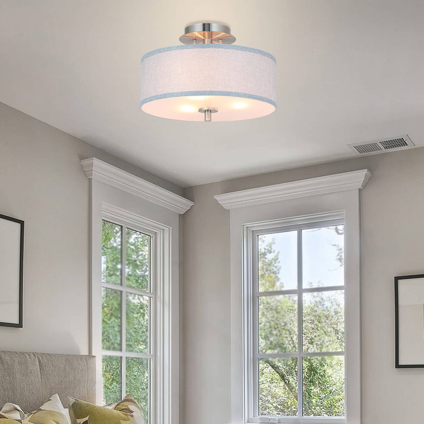 14 inch Modern 3-Light Brushed Nickel Flush Mount with Linen Drum Shade XB-SF1303-BN
