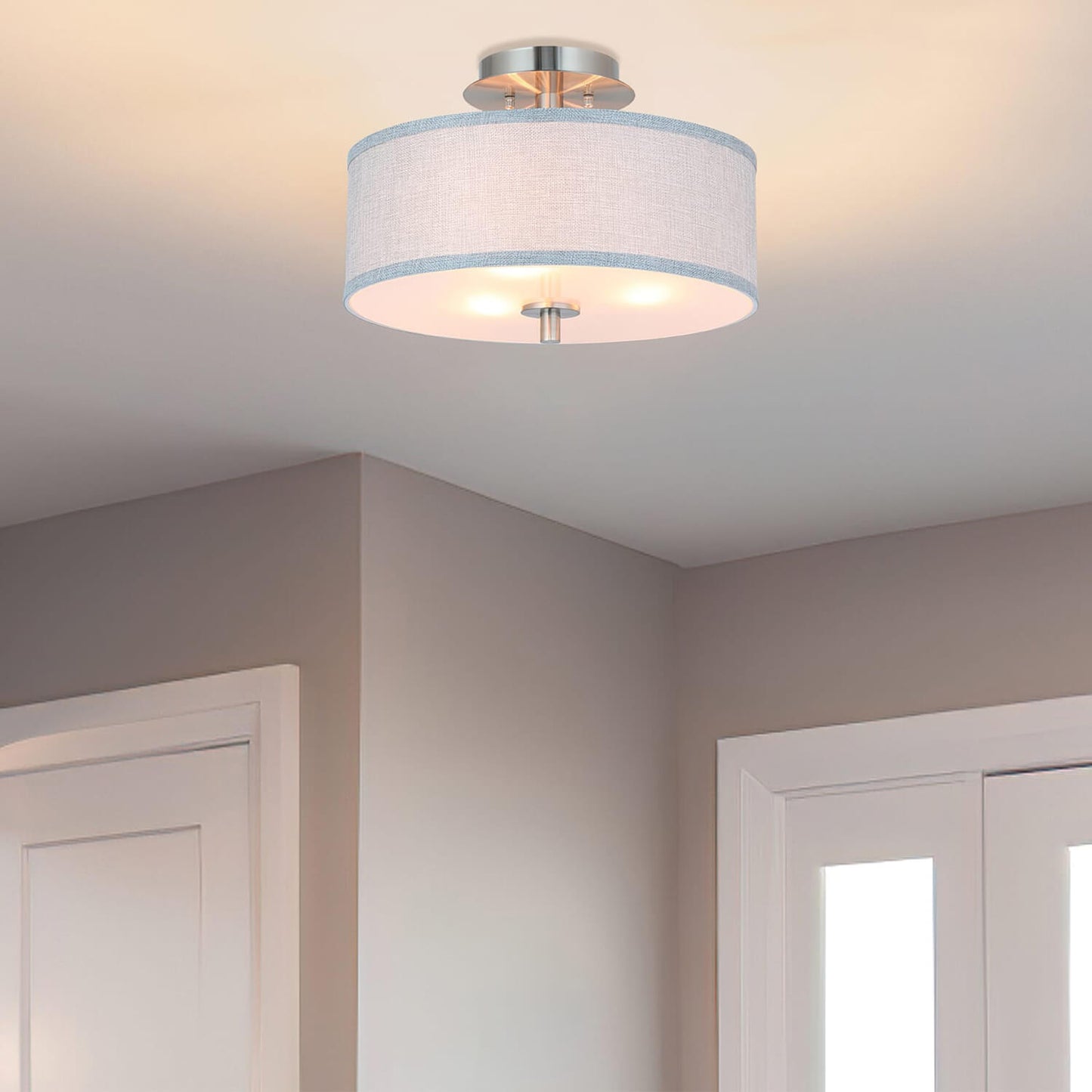 14 inch Modern 3-Light Brushed Nickel Flush Mount with Linen Drum Shade XB-SF1303-BN