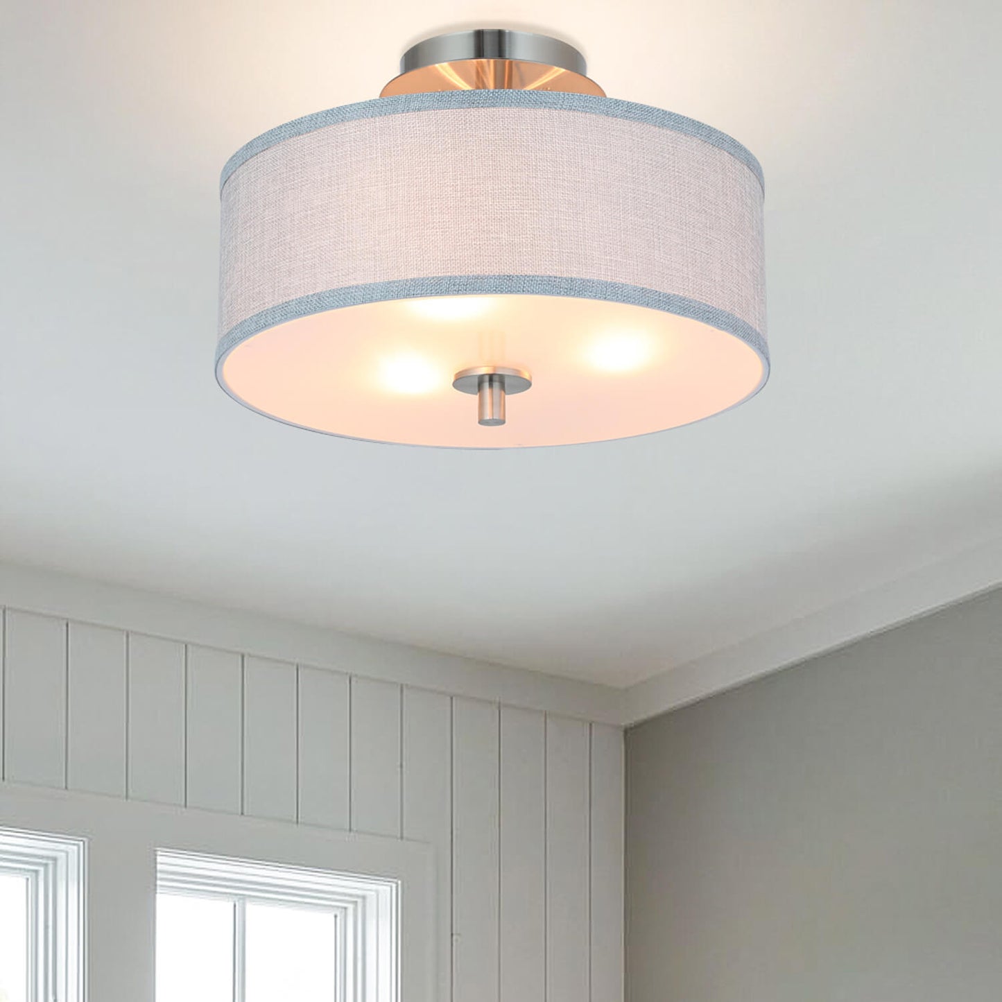 14 inch Modern 3-Light Brushed Nickel Flush Mount with Linen Drum Shade XB-SF1303-BN