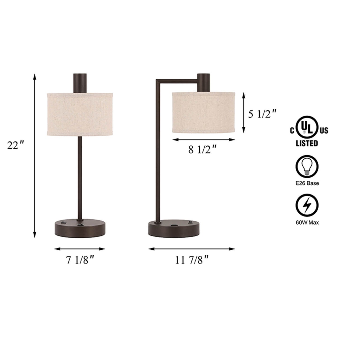 Table Lamp with USB Port, Fabric Drum Shade, Dark Bronze Finish, On/Off Switch XB-TL1230-DB