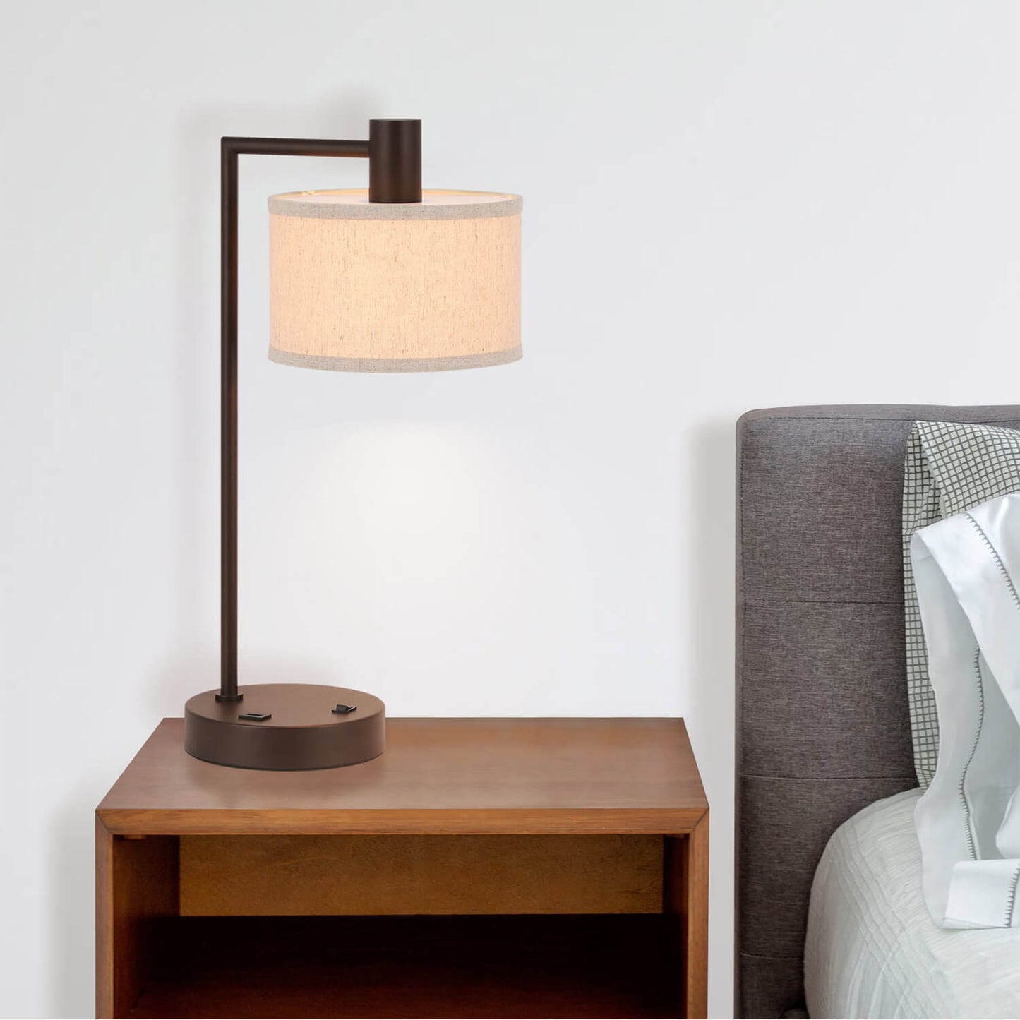 Table Lamp with USB Port, Fabric Drum Shade, Dark Bronze Finish, On/Off Switch XB-TL1230-DB