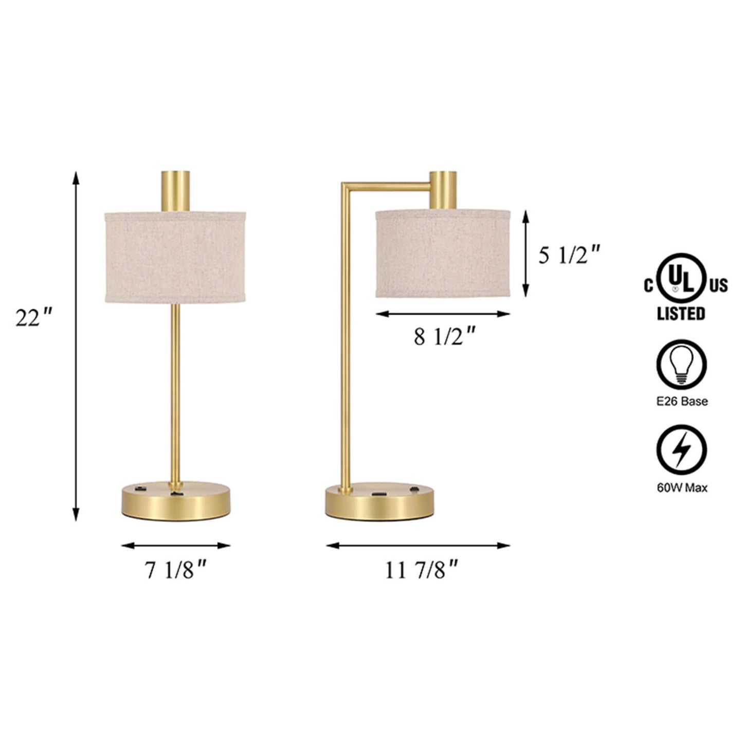 Table Lamp with USB Port, Fabric Shade, Satin Brass, Bedside Desk Lamp for Bedroom XB-TL1230-SB
