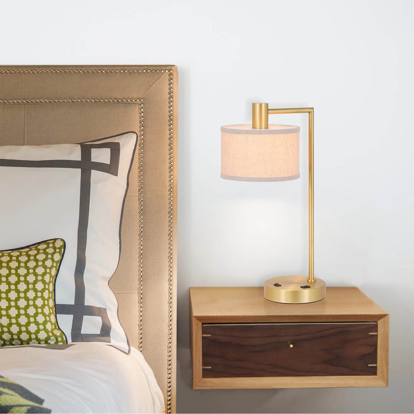 Table Lamp with USB Port, Fabric Shade, Satin Brass, Bedside Desk Lamp for Bedroom XB-TL1230-SB
