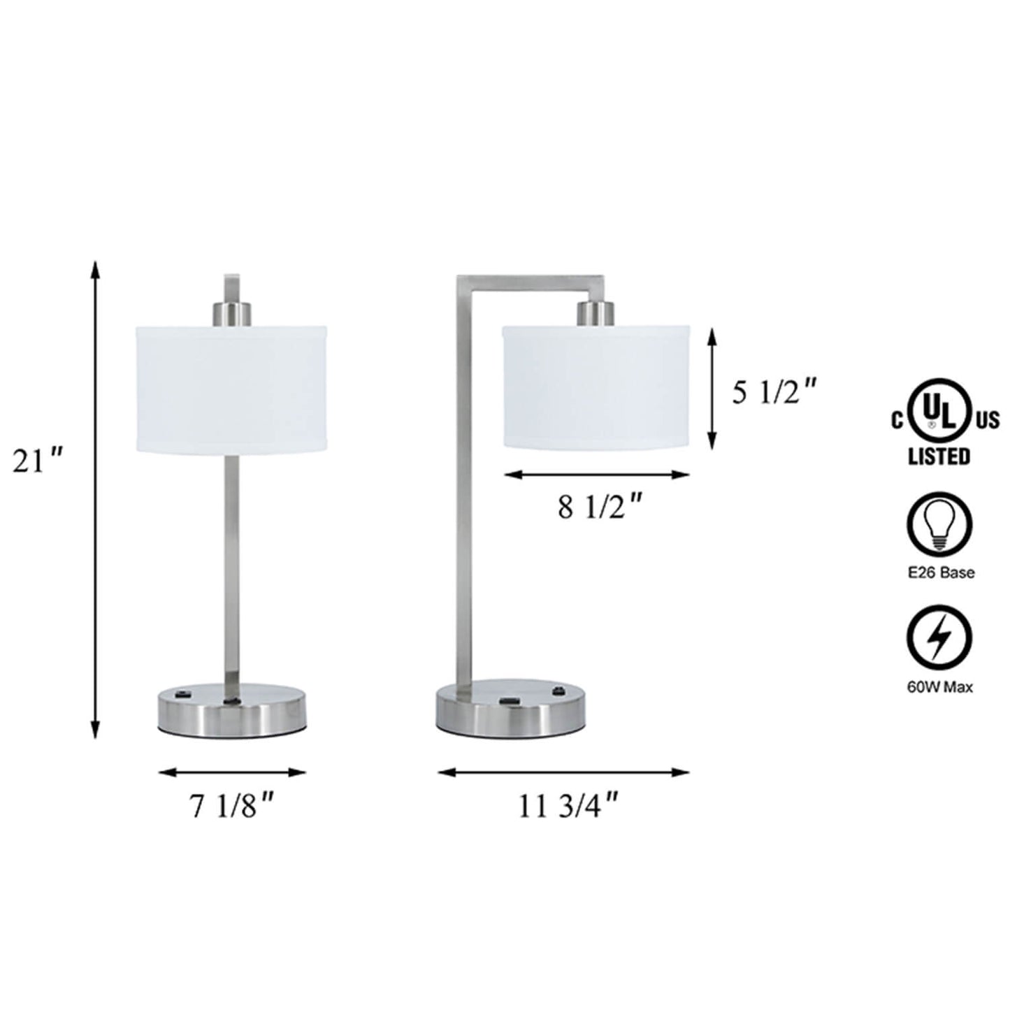 Table Lamp with USB Port, Brushed Nickel, White Fabric Shade, Desk Light for Bedroom XB-TL1231-BN