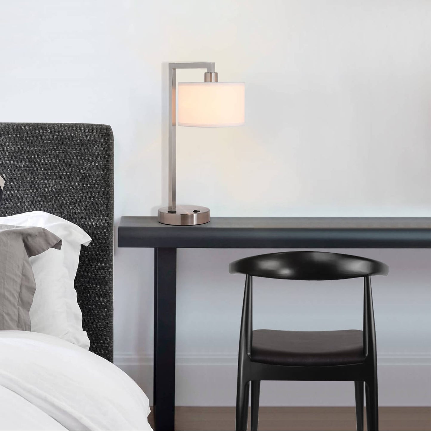 Table Lamp with USB Port, Brushed Nickel, White Fabric Shade, Desk Light for Bedroom XB-TL1231-BN