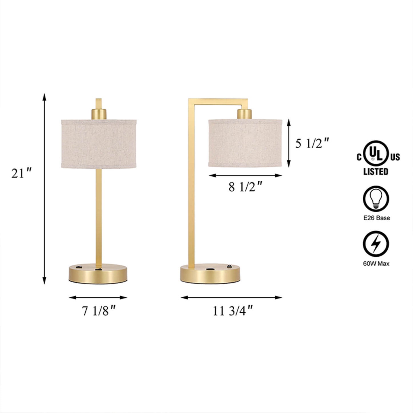 Modern Satin Brass Desk Lamp with USB & Fabric Shade XB-TL1231-SB