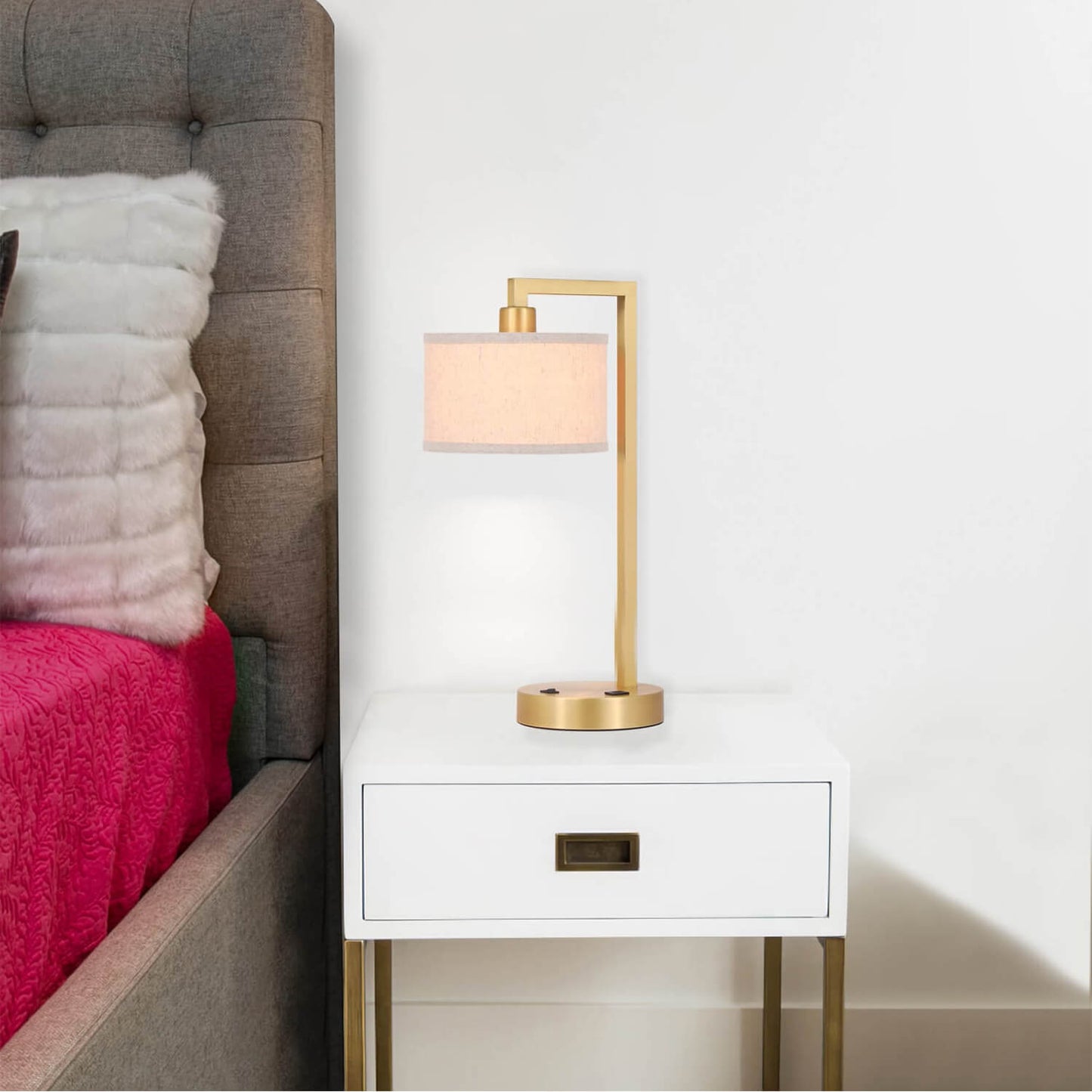 Modern Satin Brass Desk Lamp with USB & Fabric Shade XB-TL1231-SB