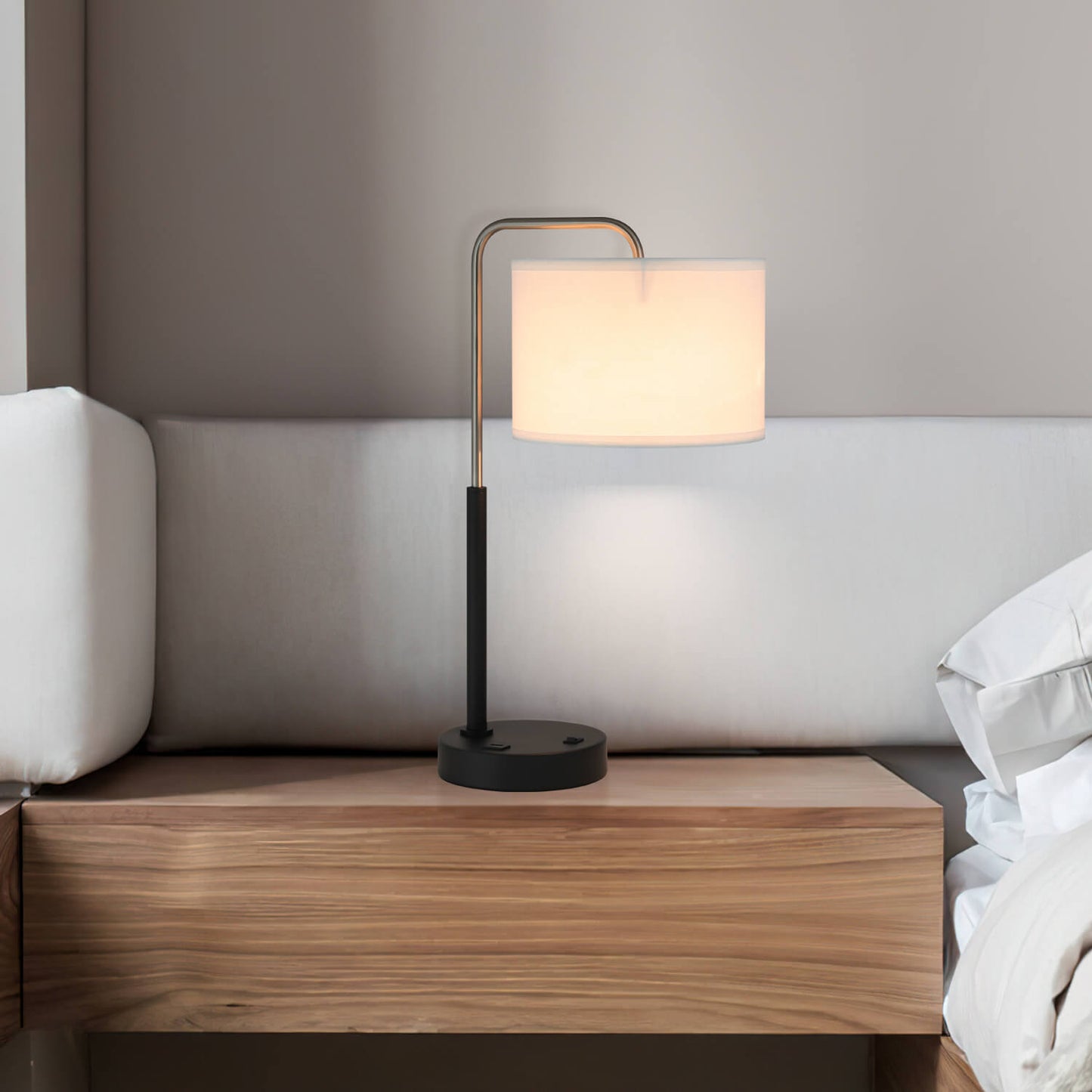 Modern Bedside Lamp with USB & Drum Shade in Brushed Nickel XB-TL257-BN