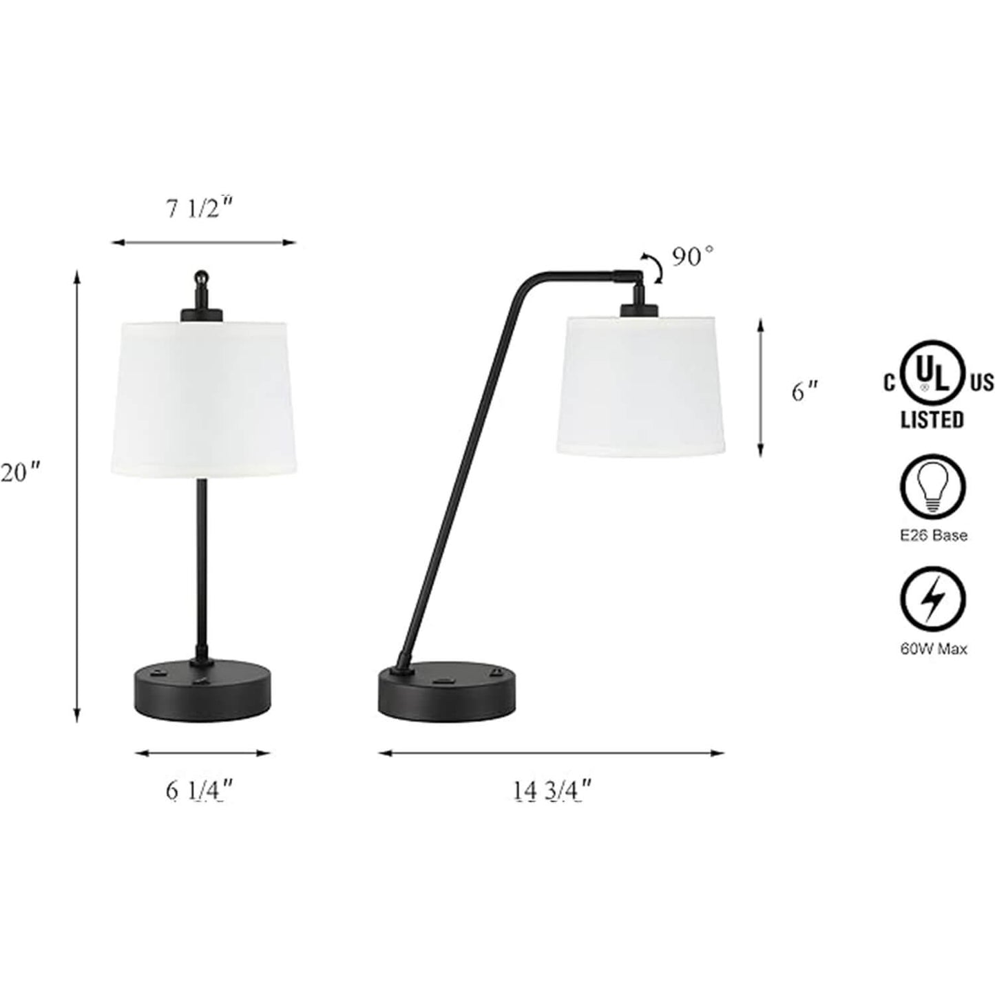 Black Table Lamp with USB Port - Adjustable Desk Lamp XB-TL282-MB