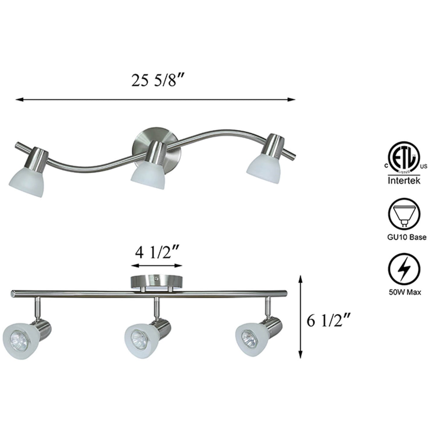 Track Light Fixture, 3-Light Wave Bar, Brushed Nickel with Frosted Glass Shades XB-TR1223-3-BN