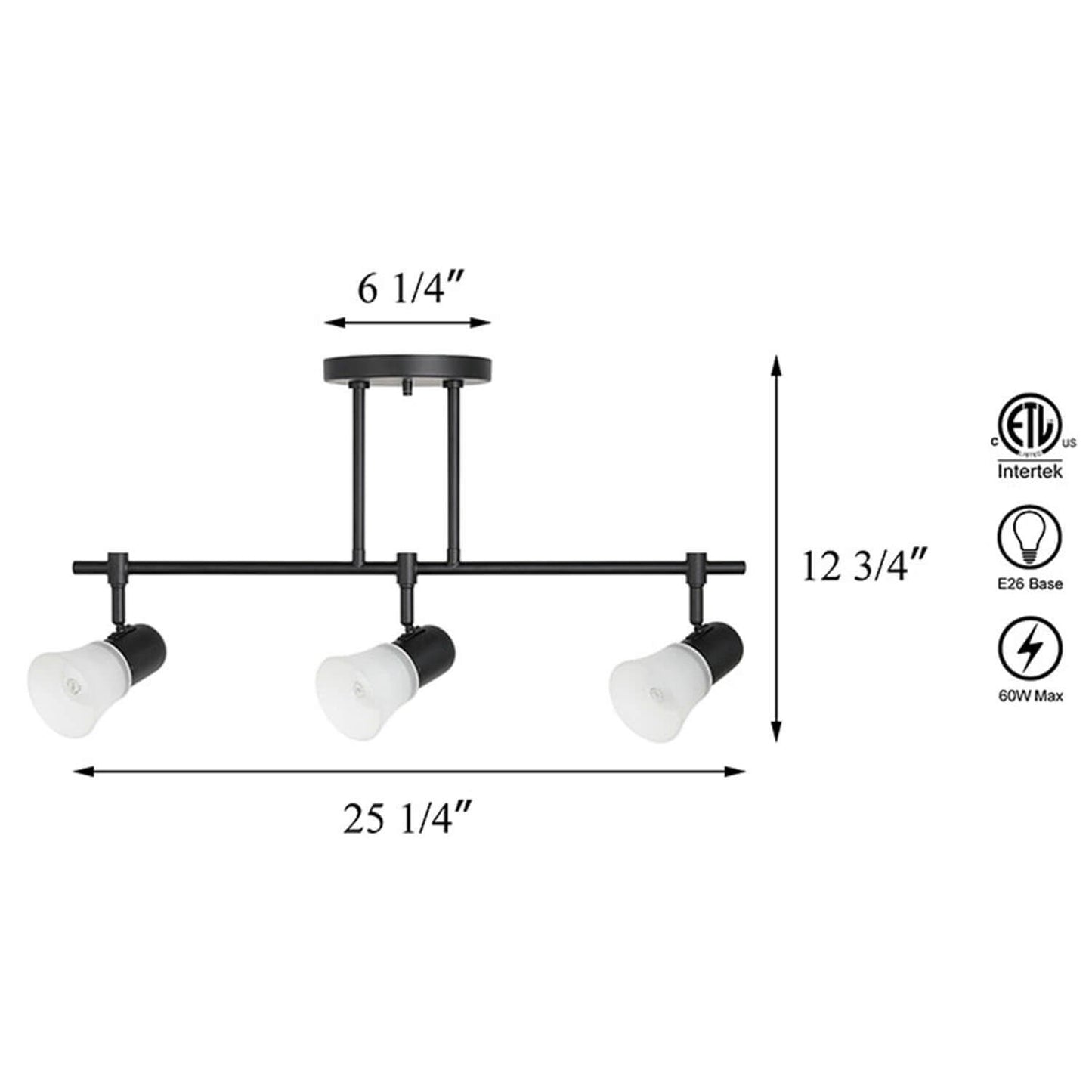 Track Lighting, 3-Light Ceiling Mount, Adjustable Spotlight Heads, Matte Black XB-TR1235-3-MB