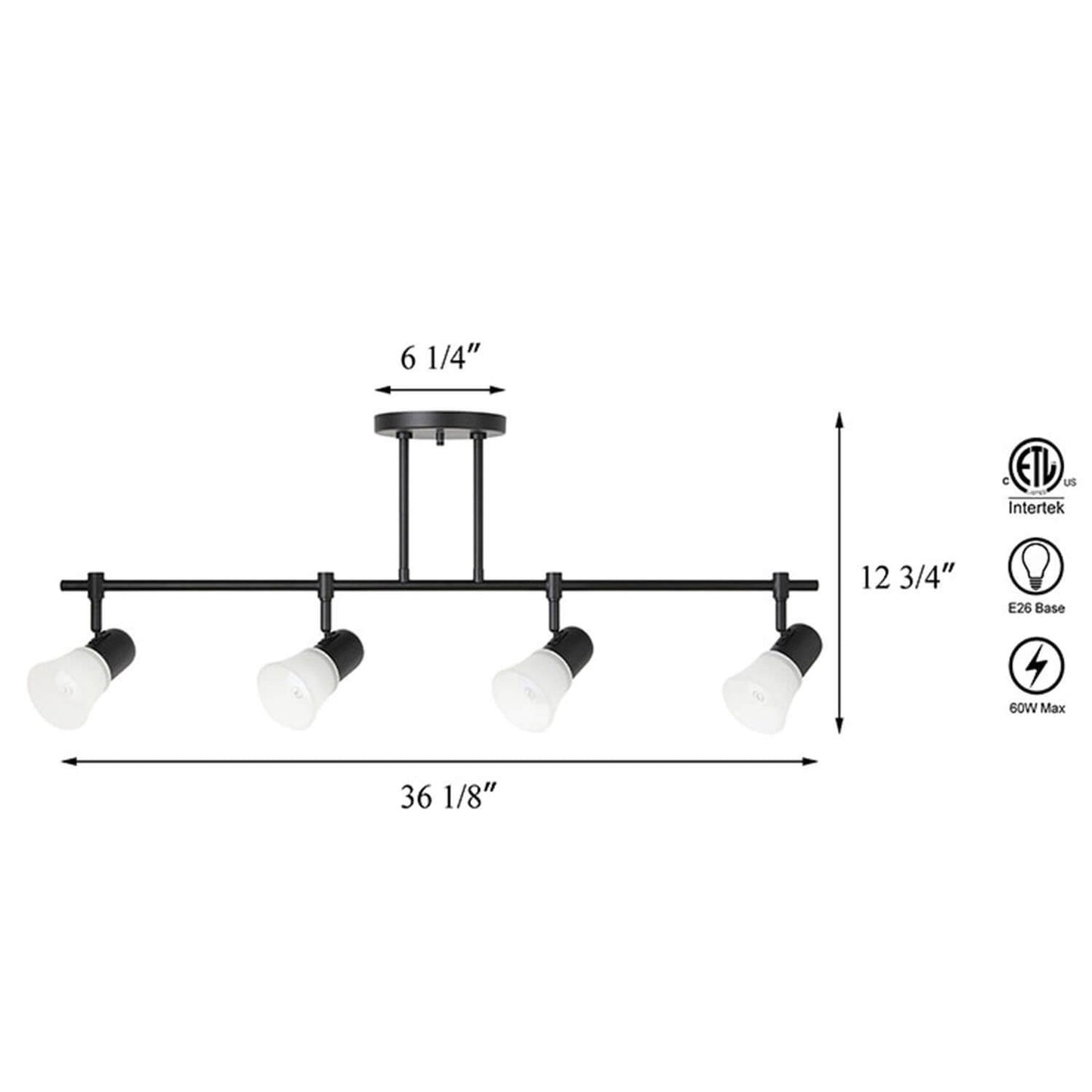 Modern Track Light Fixture, 4-Light Black Kitchen Island Lighting, Glass Shades XB-TR1235-4-MB