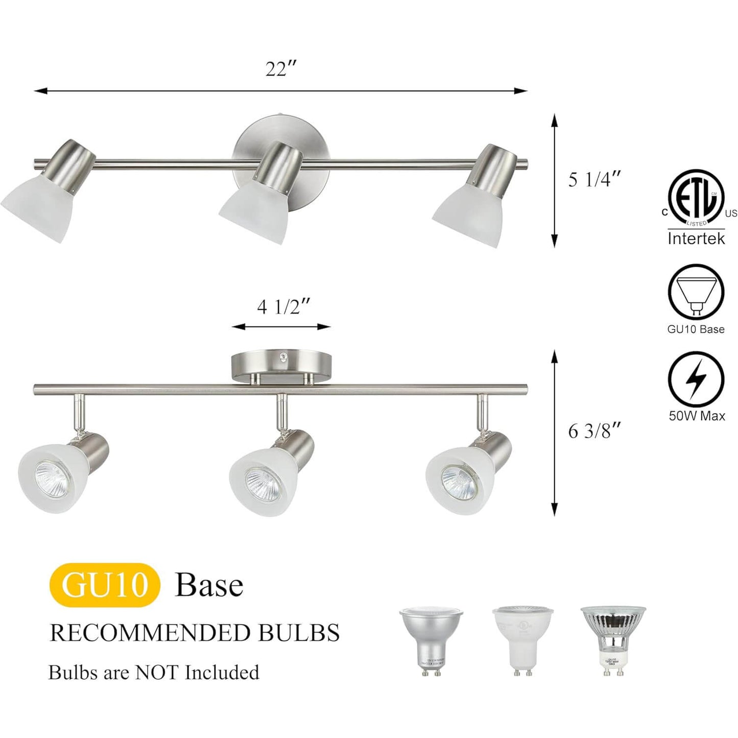 Track Light Fixture, 3-Light Ceiling Mount, Brushed Nickel, Adjustable Spotlights XB-TR1237-3-BN