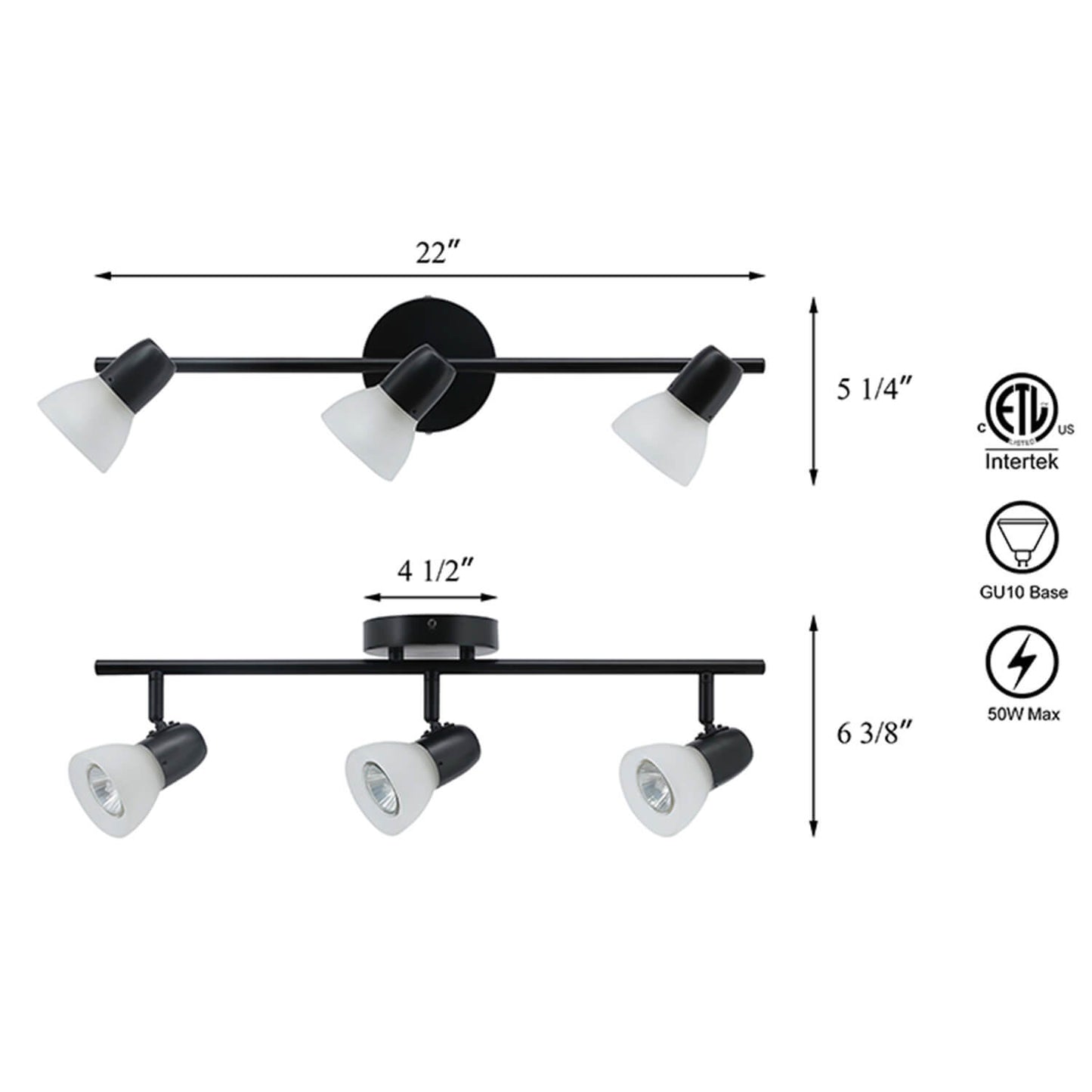 Modern Track Light Fixture, 3-Light Rail with Frosted Glass Shades, Matte Black XB-TR1237-3-MB