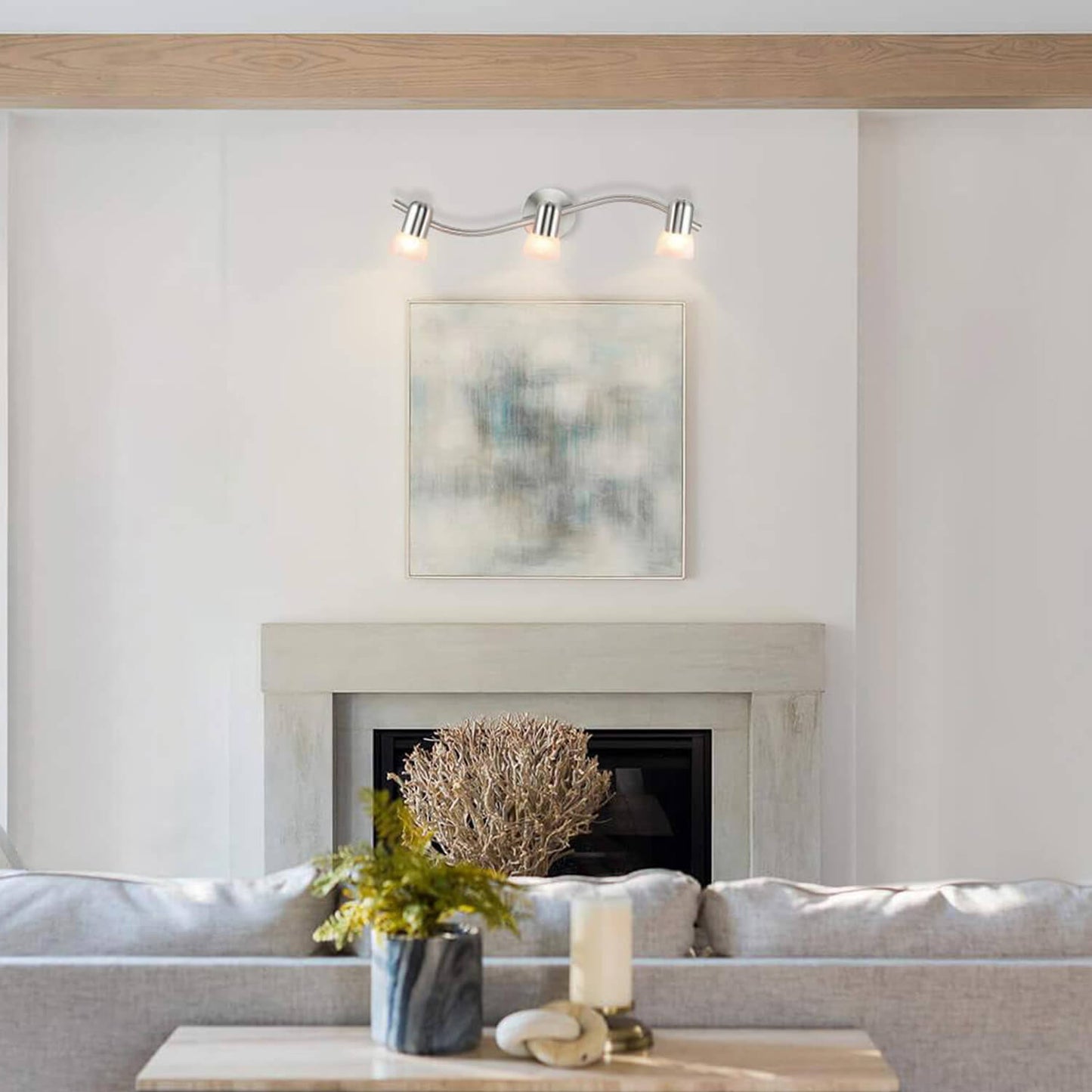 Track Lighting, 3-Light S-Shaped Rail, Brushed Nickel with Alabaster Glass Shades XB-TR1238-3-BN