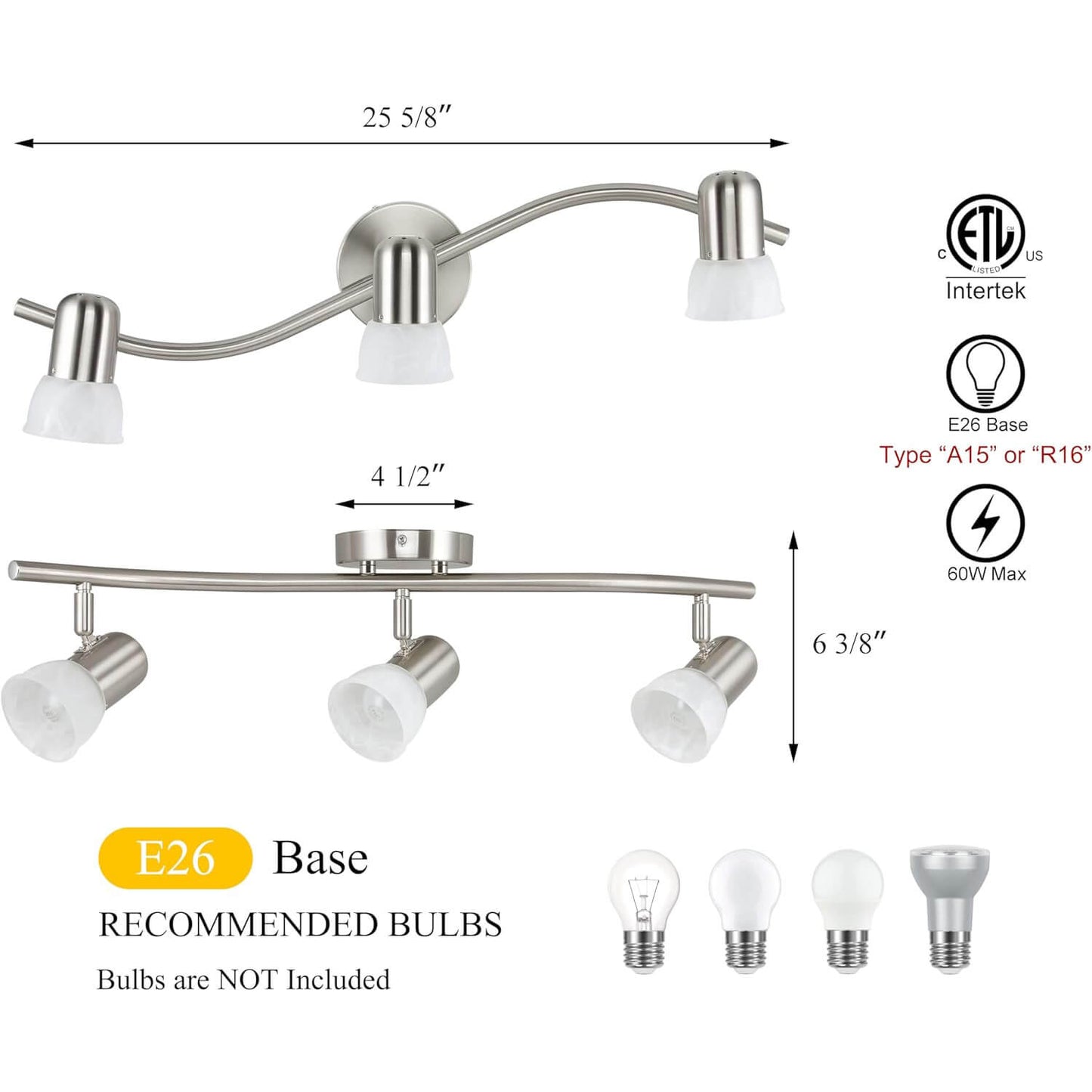 Track Lighting, 3-Light S-Shaped Rail, Brushed Nickel with Alabaster Glass Shades XB-TR1238-3-BN