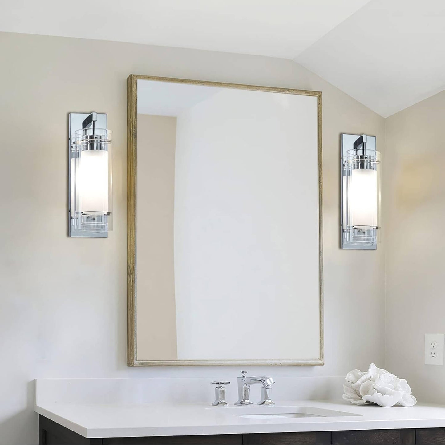 Set of 2 Modern Bathroom Wall Sconces, Clear and Frosted Glass Shade, Chrome XB-W1159-2-CH