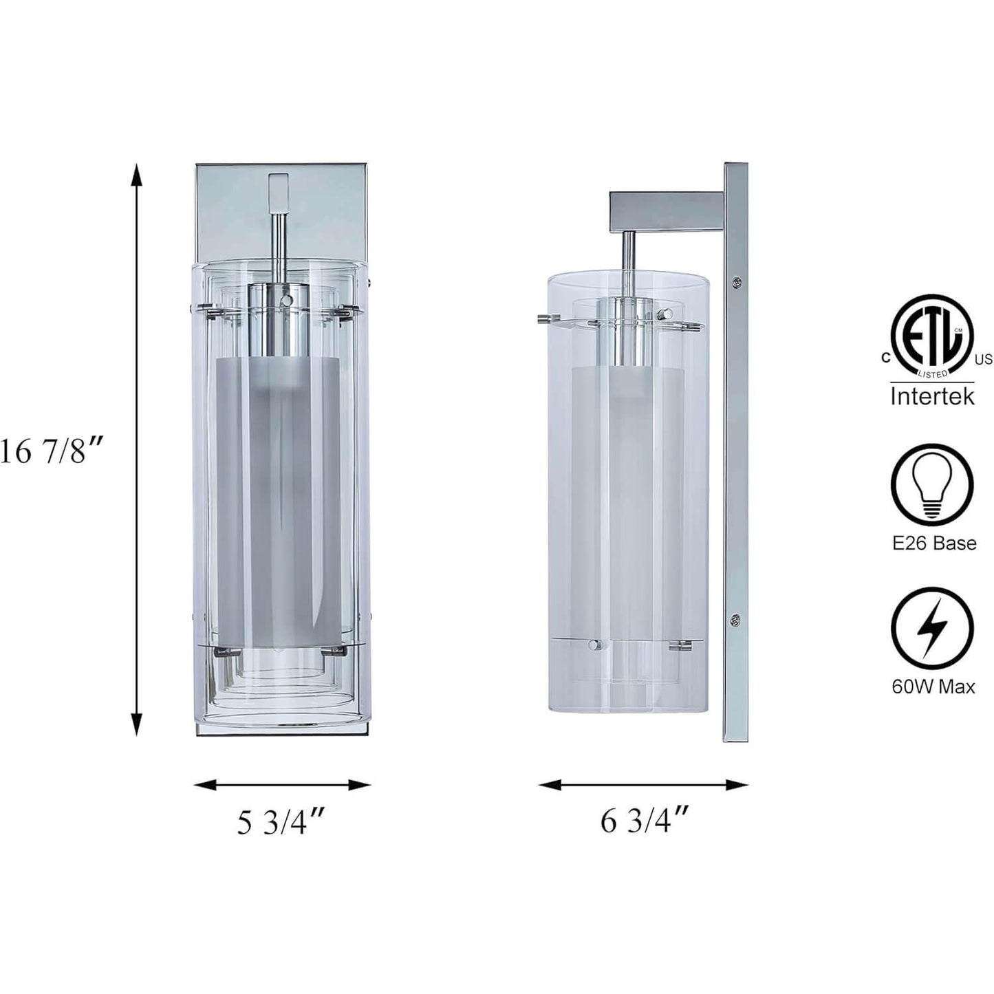 Set of 2 Modern Bathroom Wall Sconces, Clear and Frosted Glass Shade, Chrome XB-W1159-2-CH