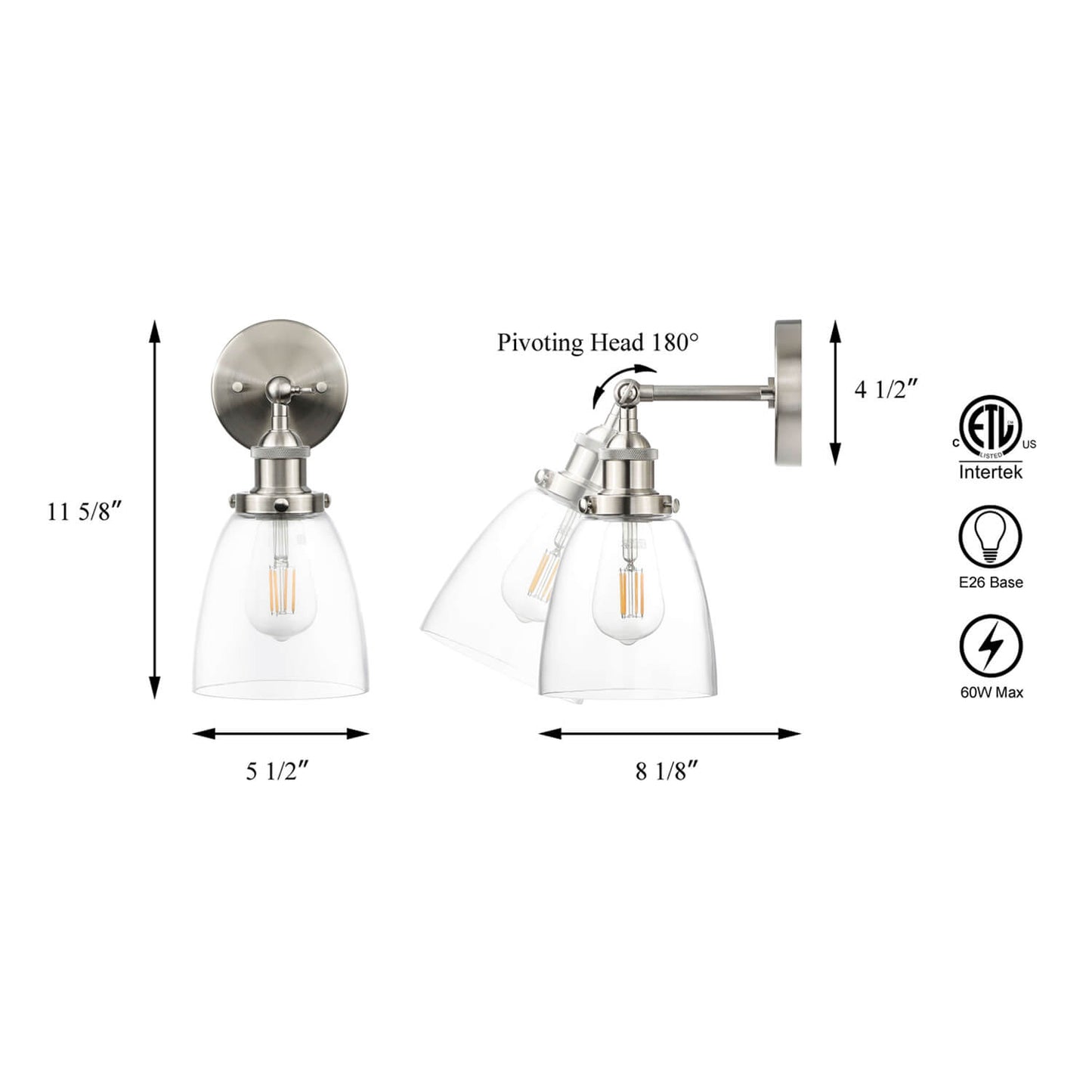 Brushed Nickel Glass Wall Sconce for Bathroom & Kitchen XB-W1160-BN