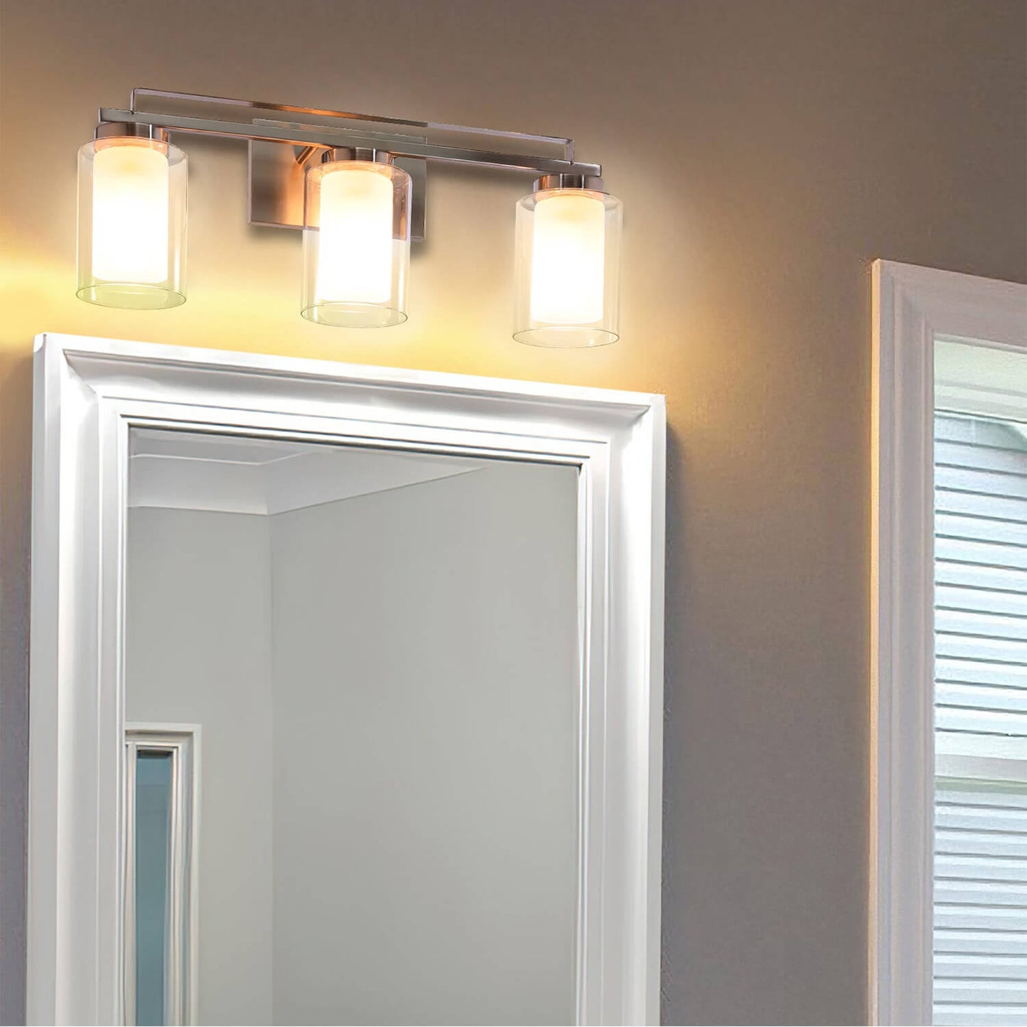 3 Light Bathroom Vanity Lighting with Dual Glass Shade in Brushed Nickel XB-W1195-3-BN