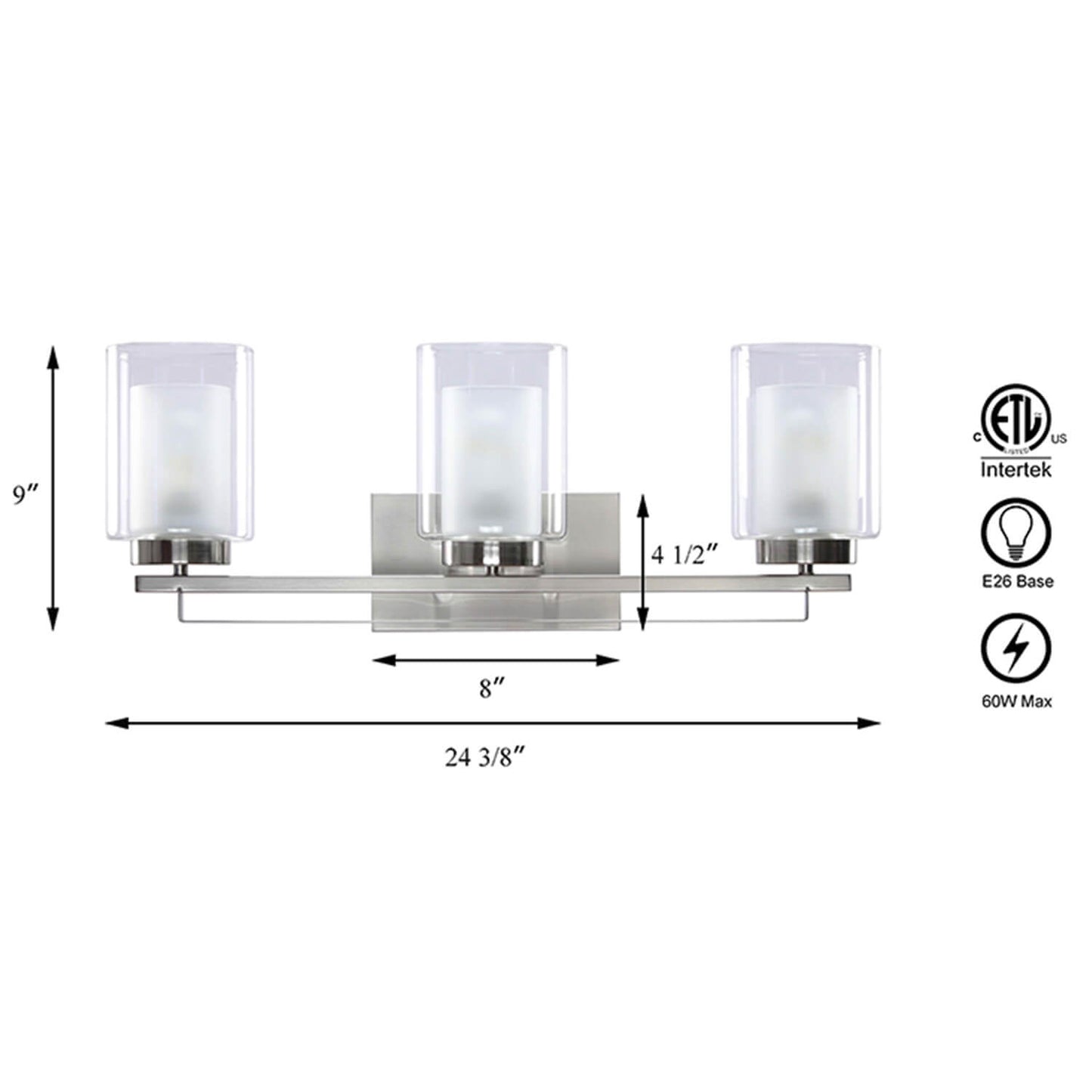 3 Light Bathroom Vanity Lighting with Dual Glass Shade in Brushed Nickel XB-W1195-3-BN