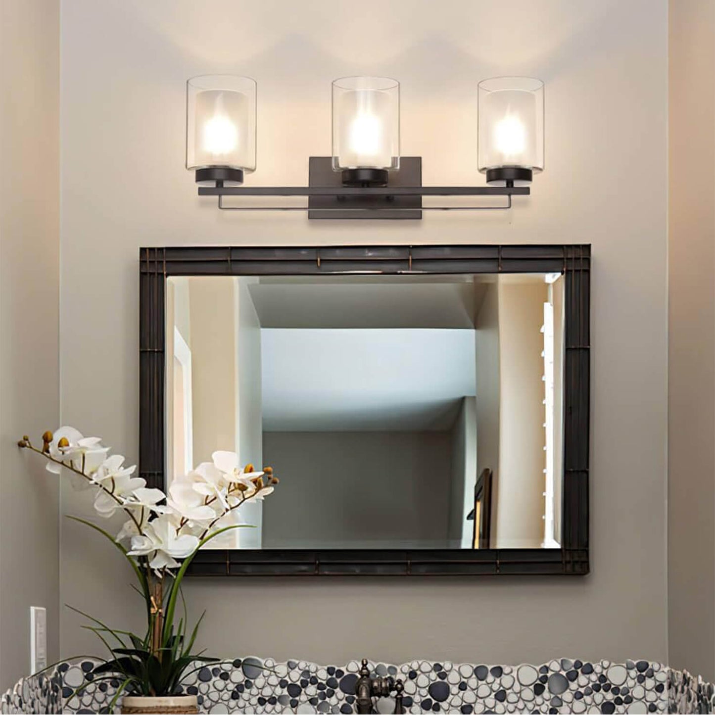 3 Light Bathroom Vanity Lighting with Dual Glass in Dark Bronze XB-W1195-3-DB