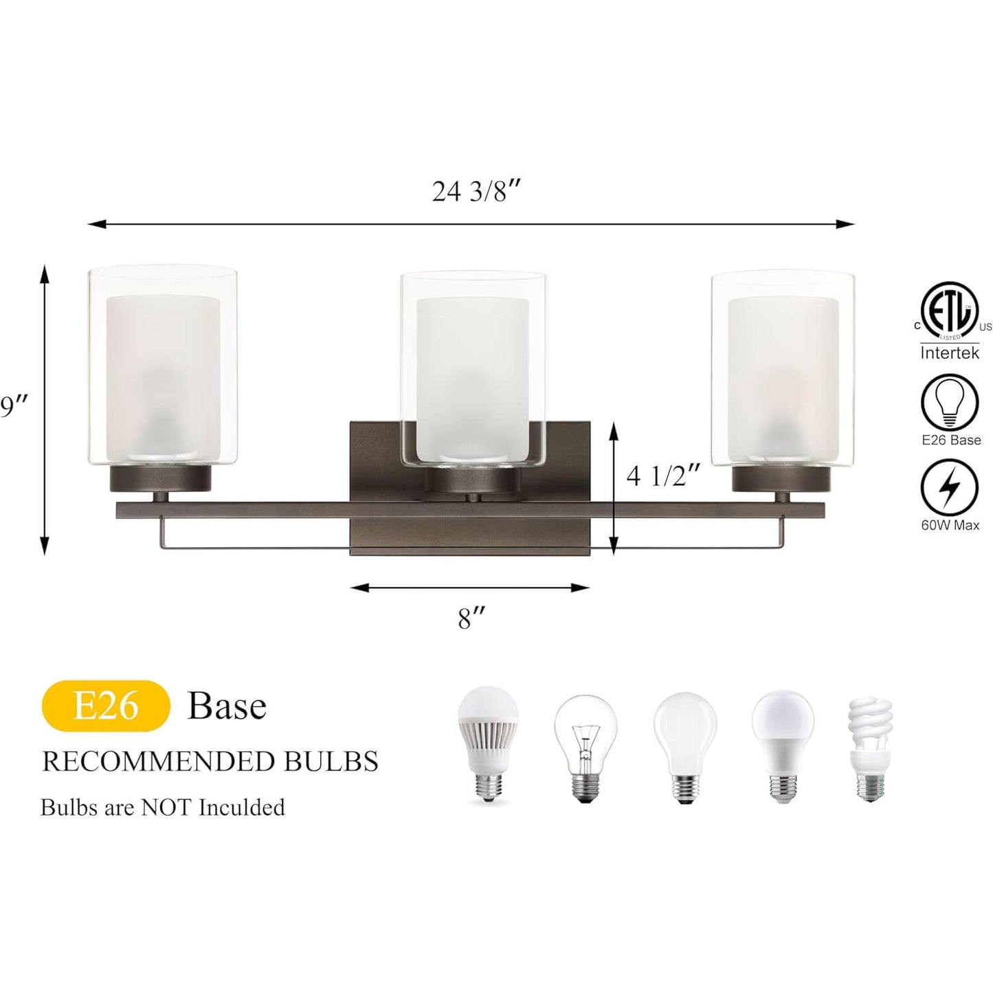 3 Light Bathroom Vanity Lighting with Dual Glass in Dark Bronze XB-W1195-3-DB