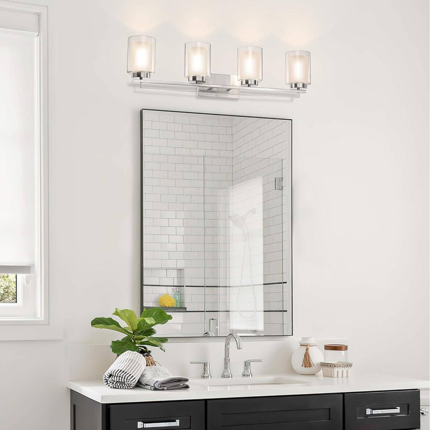 4 Light Bathroom Vanity Lighting with Dual Glass Shade in Brushed Nickel XB-W1195-4-BN