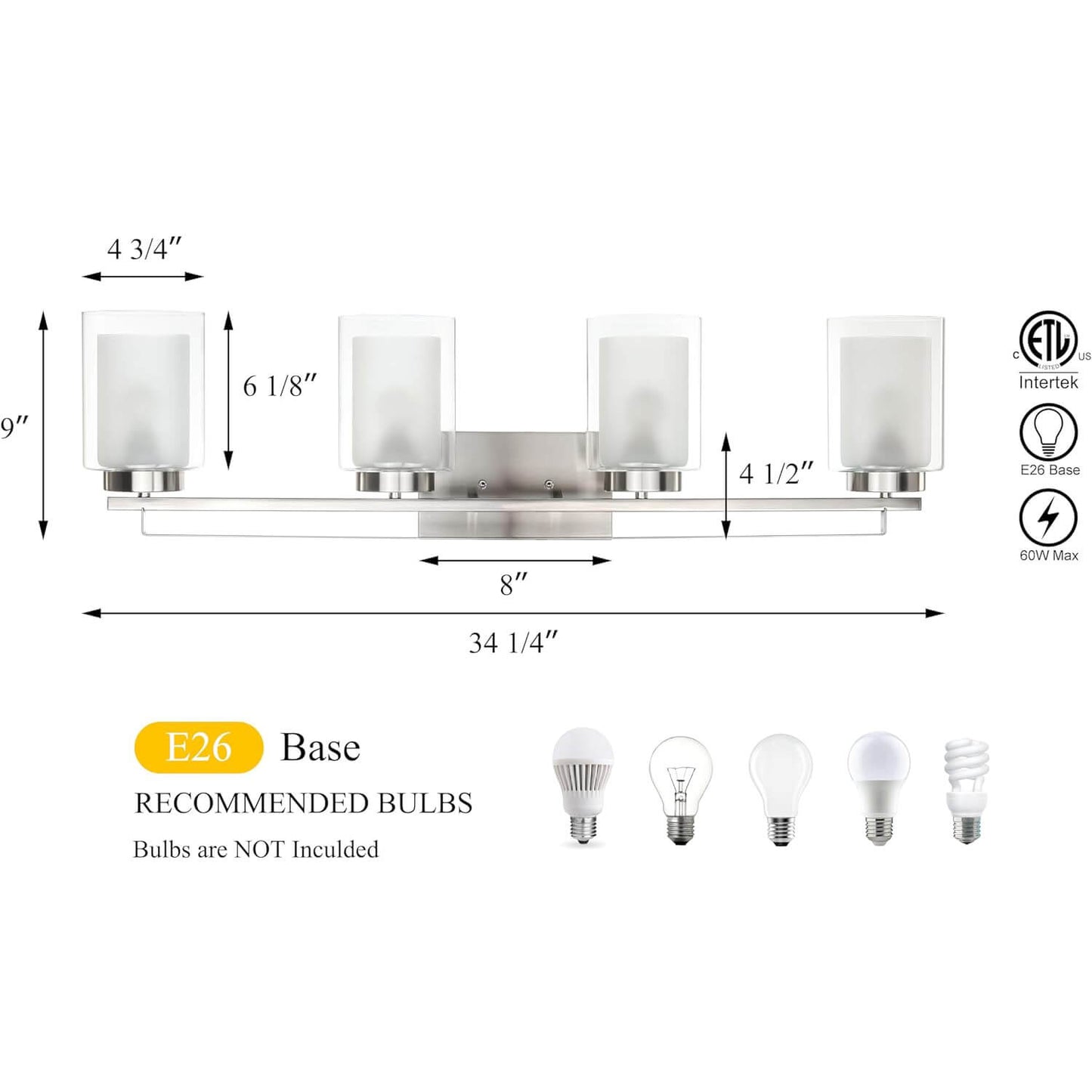 4 Light Bathroom Vanity Lighting with Dual Glass Shade in Brushed Nickel XB-W1195-4-BN