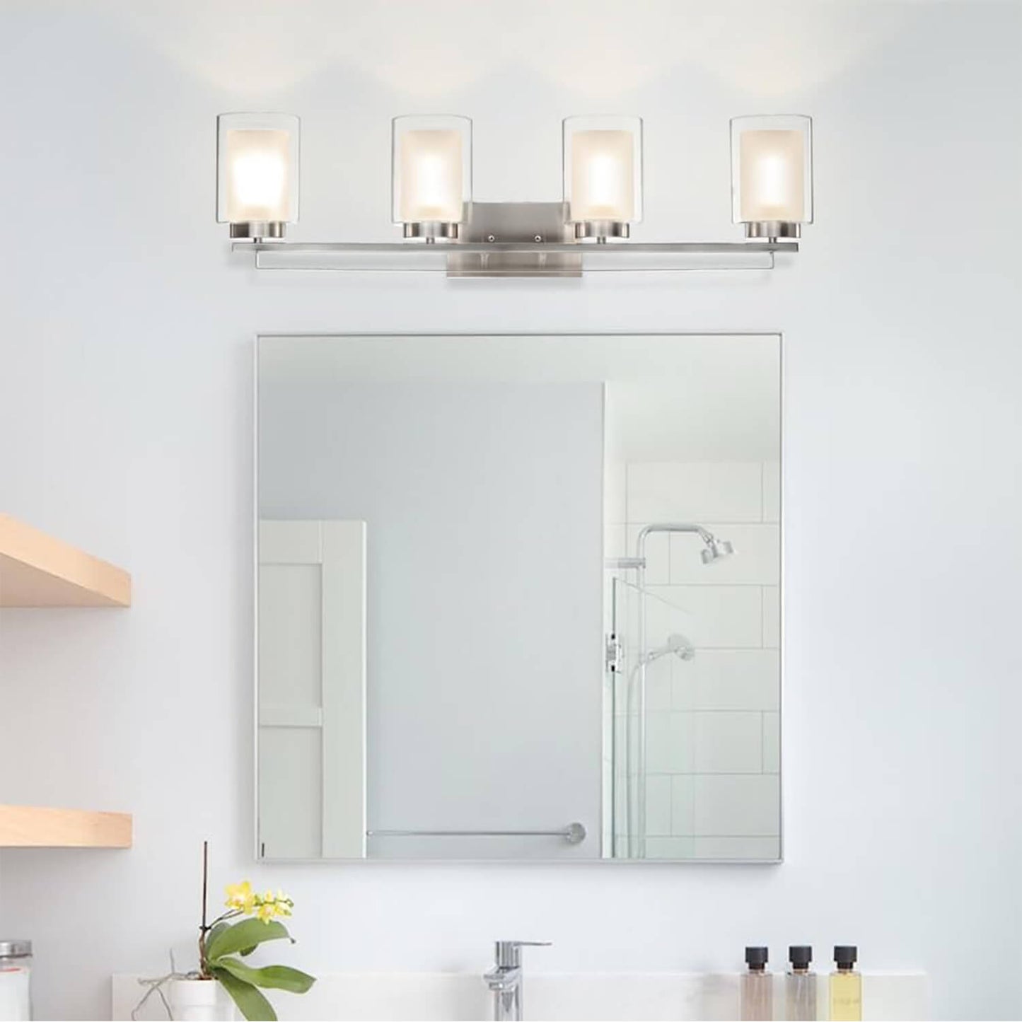 4 Light Bathroom Vanity Lighting with Dual Glass Shade in Brushed Nickel XB-W1195-4-BN