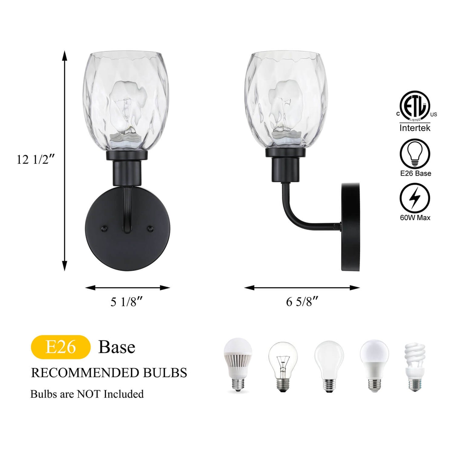 Wall Sconce, 1 Light Bathroom Vanity Wall Light with Clear Glass, Matte Black XB-W1210-1-MBK