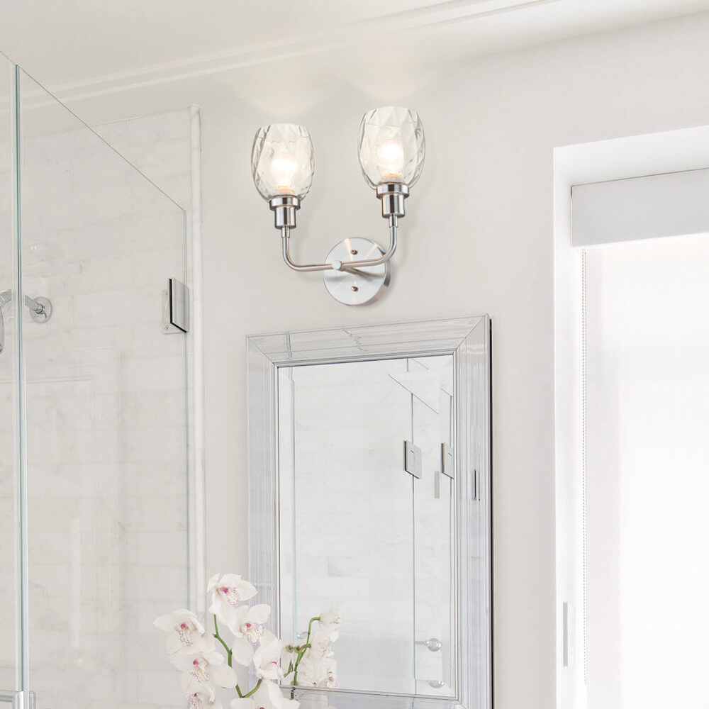 2-Light Bathroom Vanity Wall Sconce, Clear Glass Shade, Brushed Nickel Finish XB-W1210-2-BN