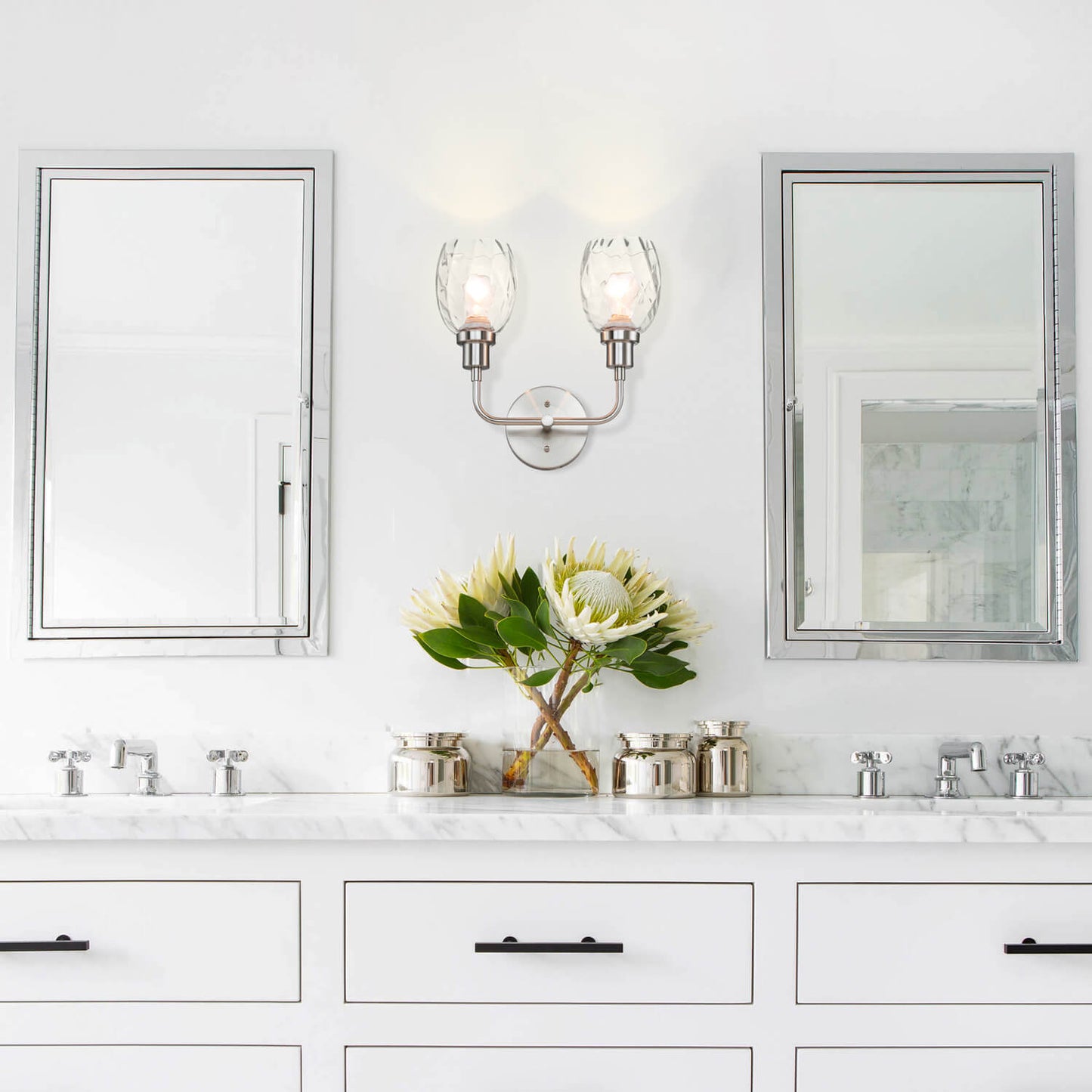 2-Light Bathroom Vanity Wall Sconce, Clear Glass Shade, Brushed Nickel Finish XB-W1210-2-BN