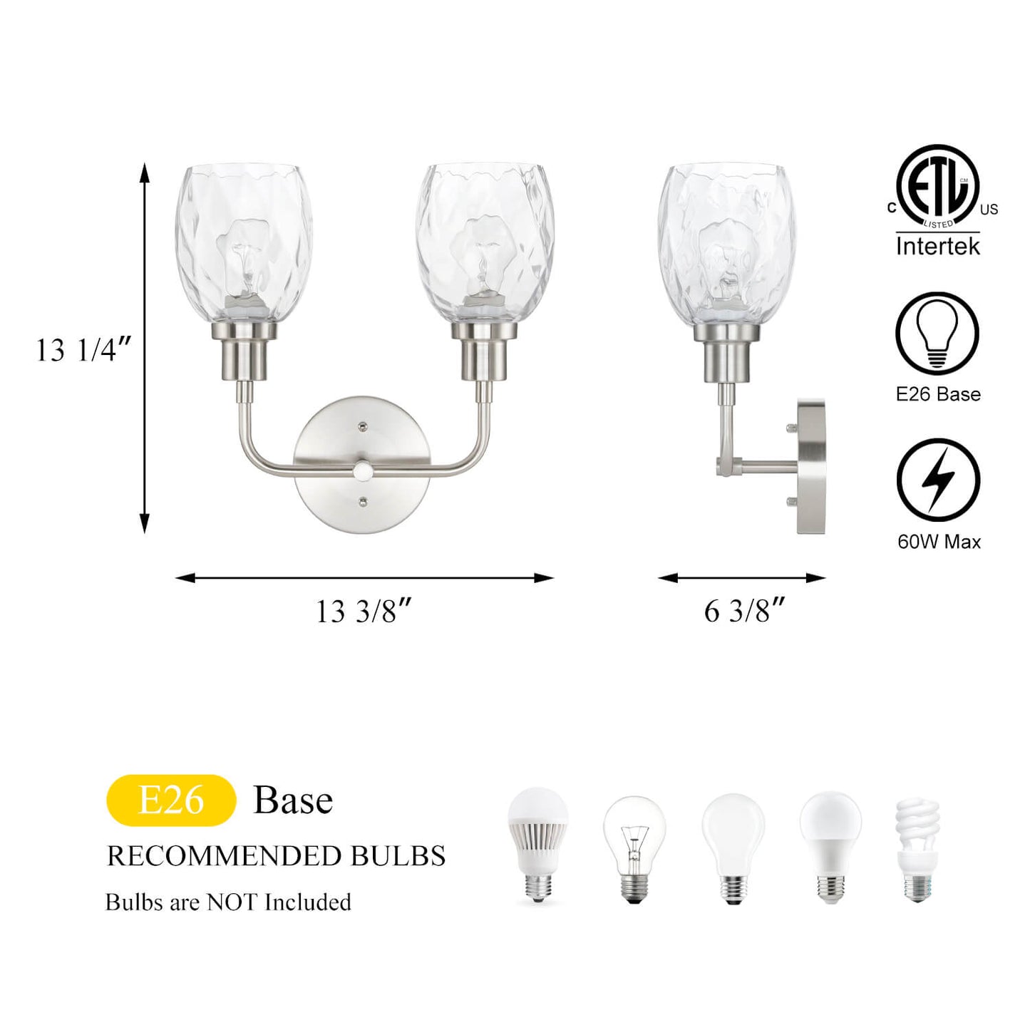 2-Light Bathroom Vanity Wall Sconce, Clear Glass Shade, Brushed Nickel Finish XB-W1210-2-BN
