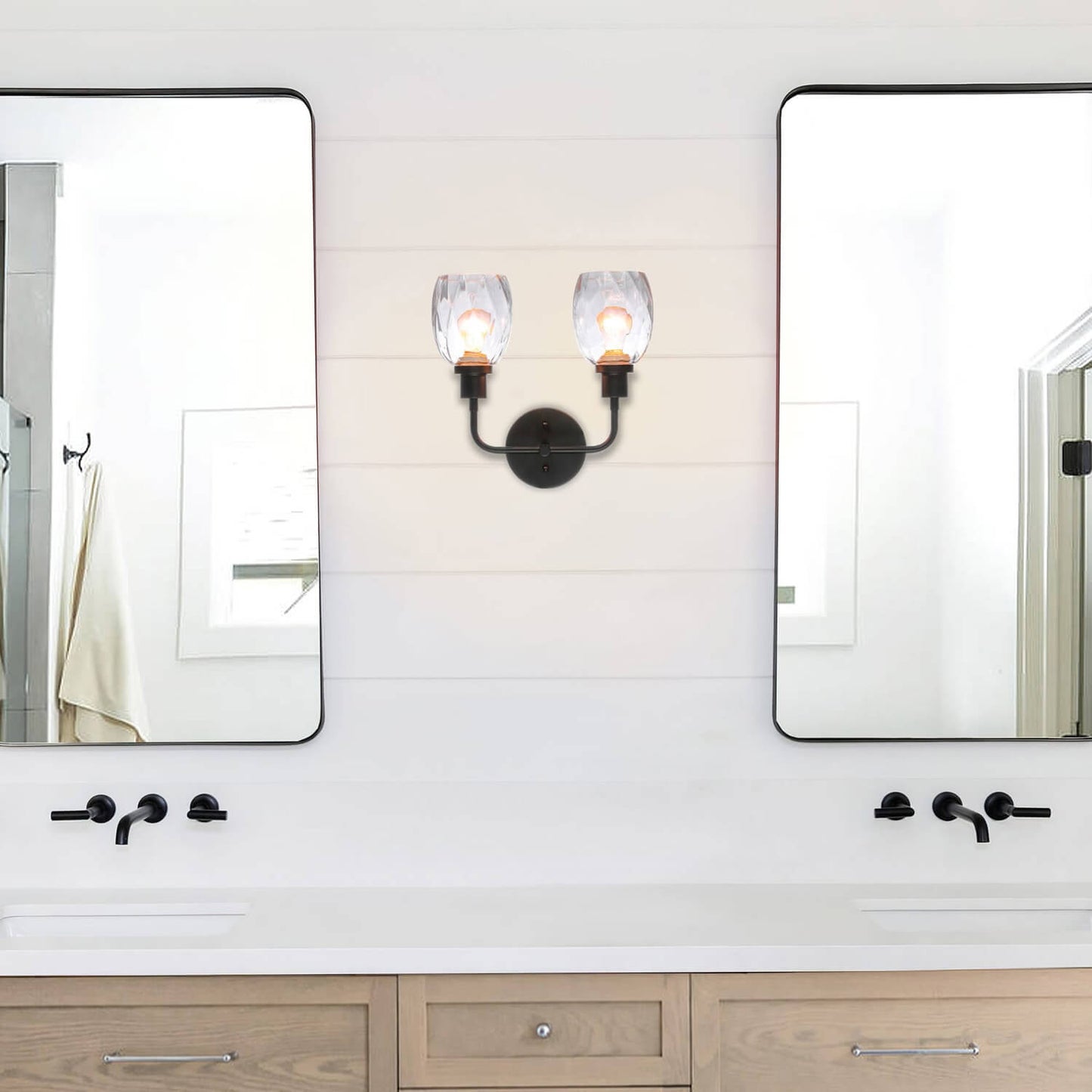 2-Light Bathroom Vanity Wall Sconce, Clear Glass Shade, Matte Black XB-W1210-2-MBK