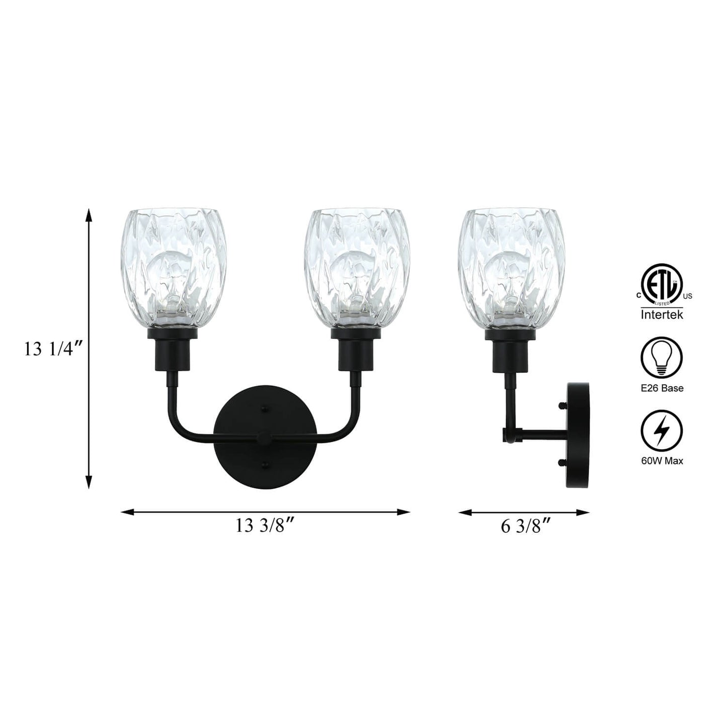 2-Light Bathroom Vanity Wall Sconce, Clear Glass Shade, Matte Black XB-W1210-2-MBK