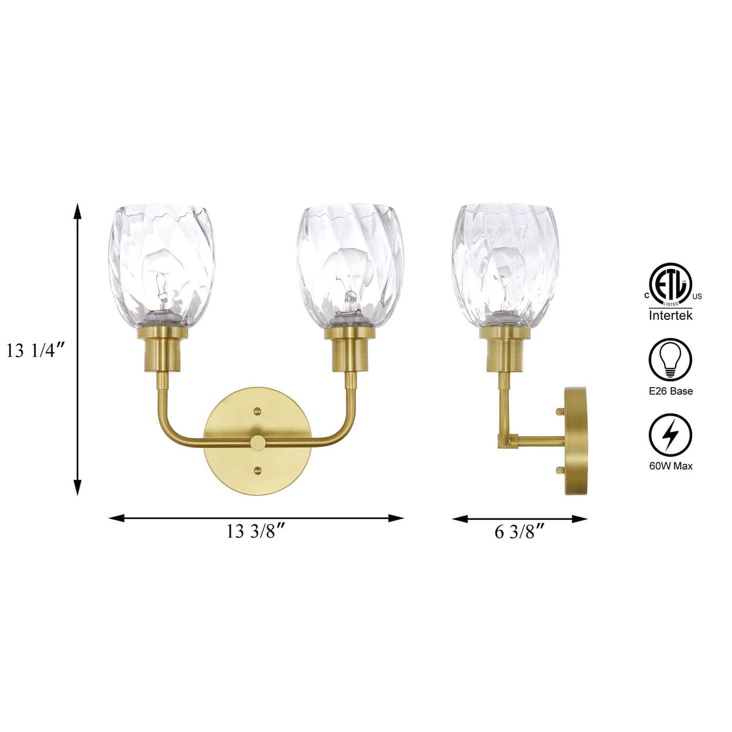 Wall Sconce, 2 Light Bathroom Vanity Wall Light with Clear Glass, Satin Brass Finish XB-W1210-2-SB
