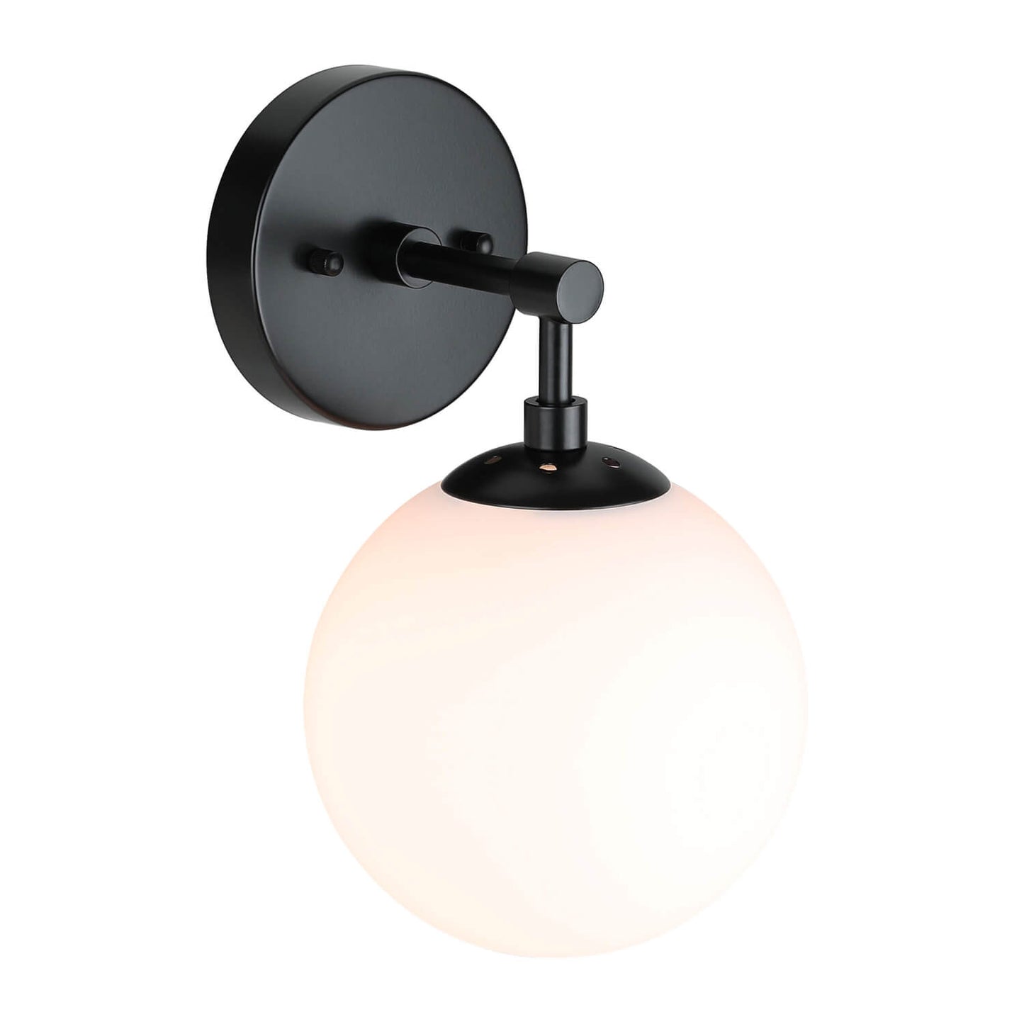 Modern Globe Wall Sconce, Black Metal Mount, White Glass Shade, 7-inch Sphere XB-W1211-MBK