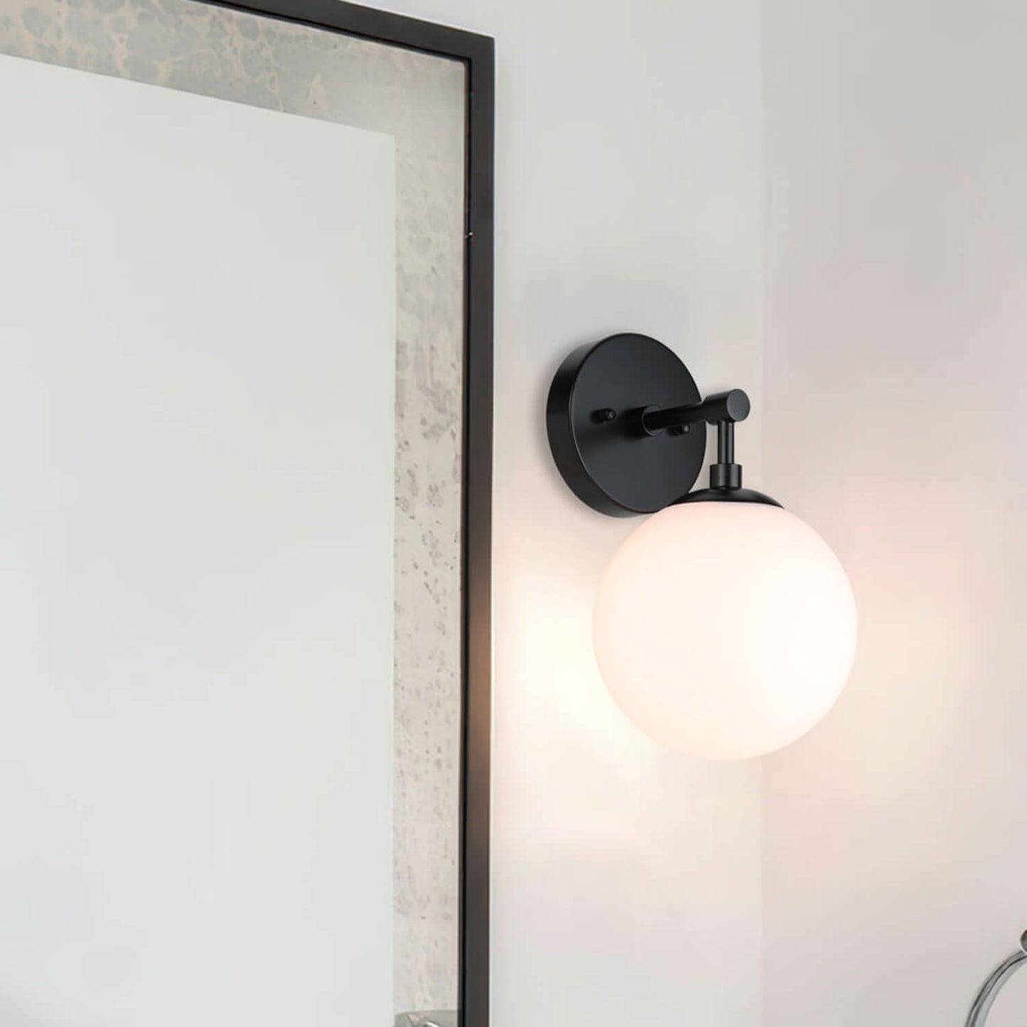 Modern Globe Wall Sconce, Black Metal Mount, White Glass Shade, 7-inch Sphere XB-W1211-MBK