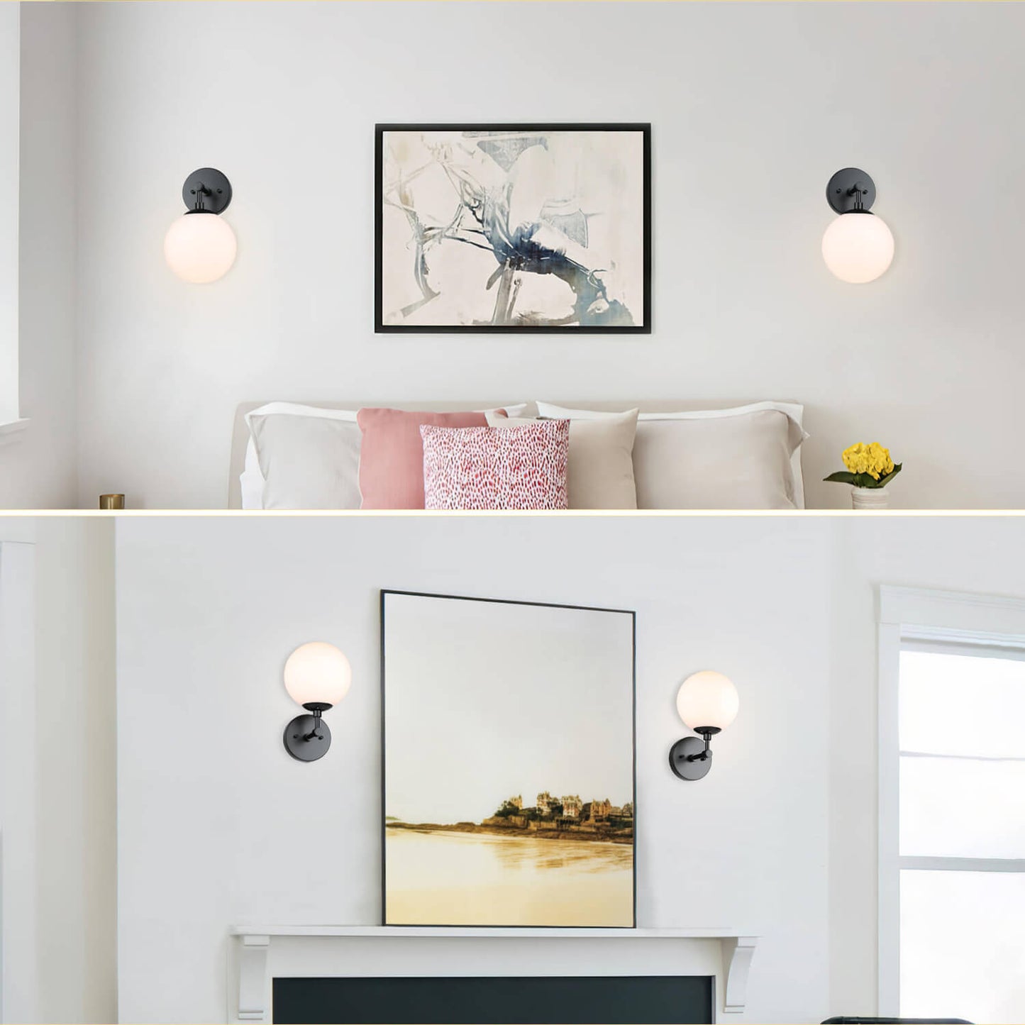 Modern Globe Wall Sconce, Black Metal Mount, White Glass Shade, 7-inch Sphere XB-W1211-MBK