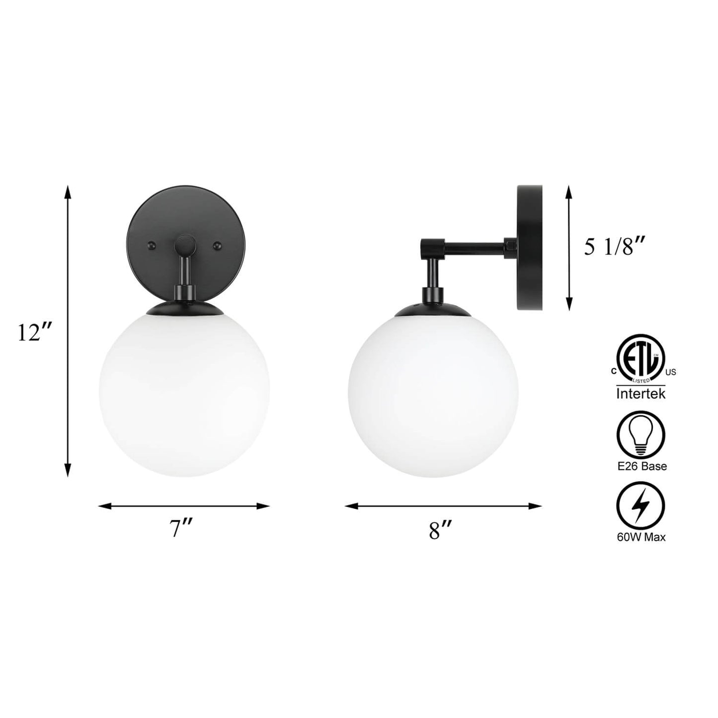 Modern Globe Wall Sconce, Black Metal Mount, White Glass Shade, 7-inch Sphere XB-W1211-MBK