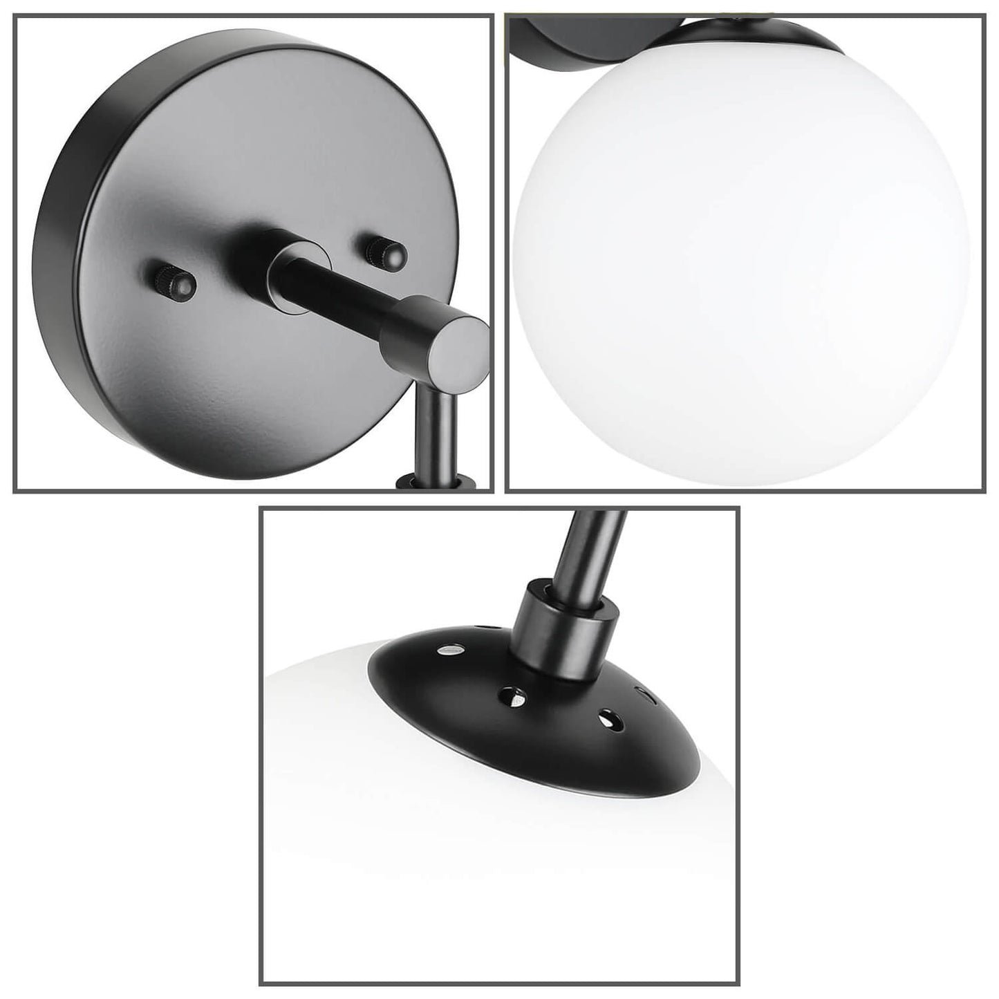 Modern Globe Wall Sconce, Black Metal Mount, White Glass Shade, 7-inch Sphere XB-W1211-MBK