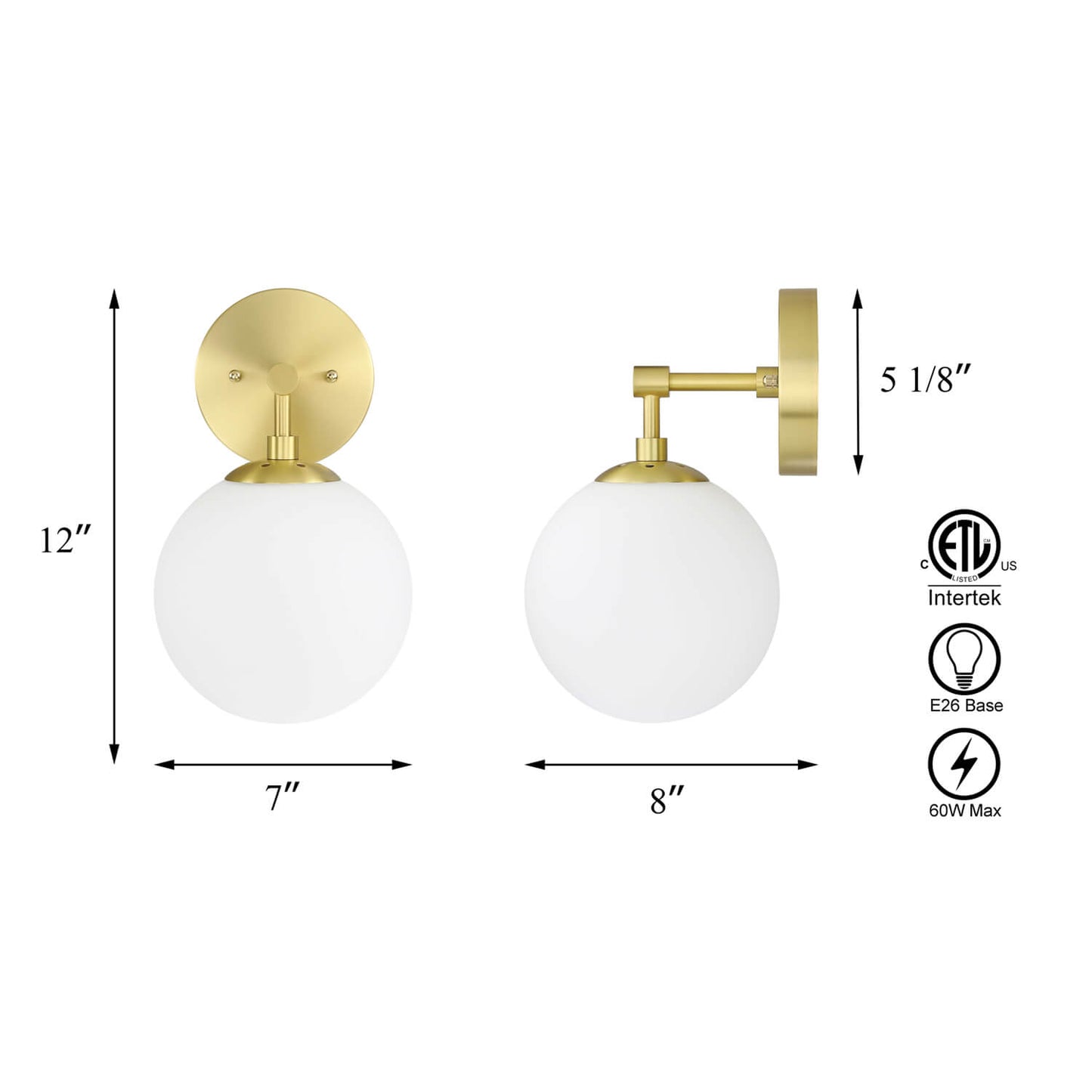 Vintage Wall Sconce Light Fixture, White Globe Glass, Satin Brass, 1-Light XB-W1211-SB