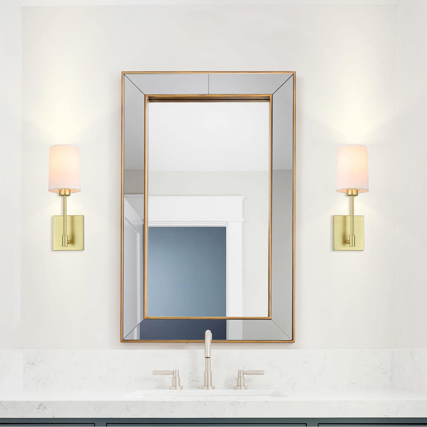 Modern Wall Sconce Light Fixture, Satin Brass Finish, White Fabric Shade, Single Light XB-W1215-1-SB
