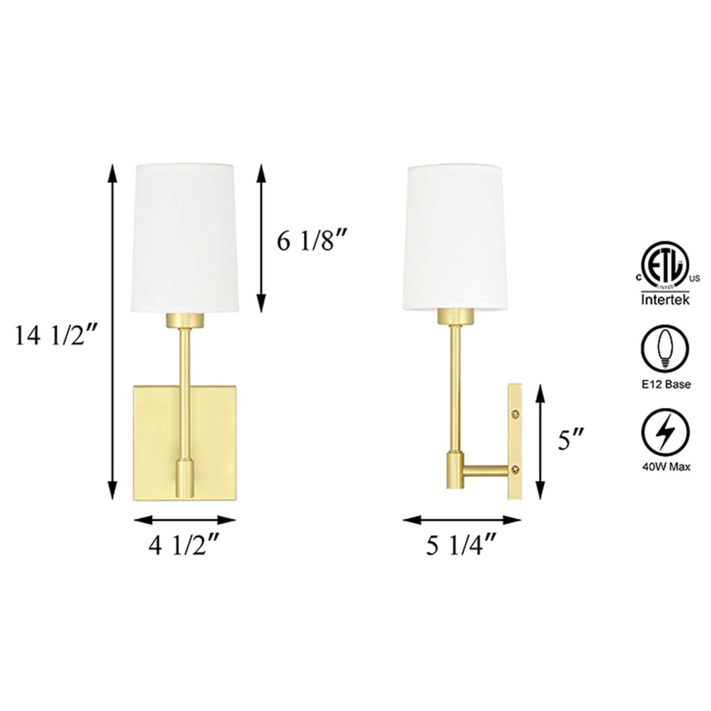 Modern Wall Sconce Light Fixture, Satin Brass Finish, White Fabric Shade, Single Light XB-W1215-1-SB