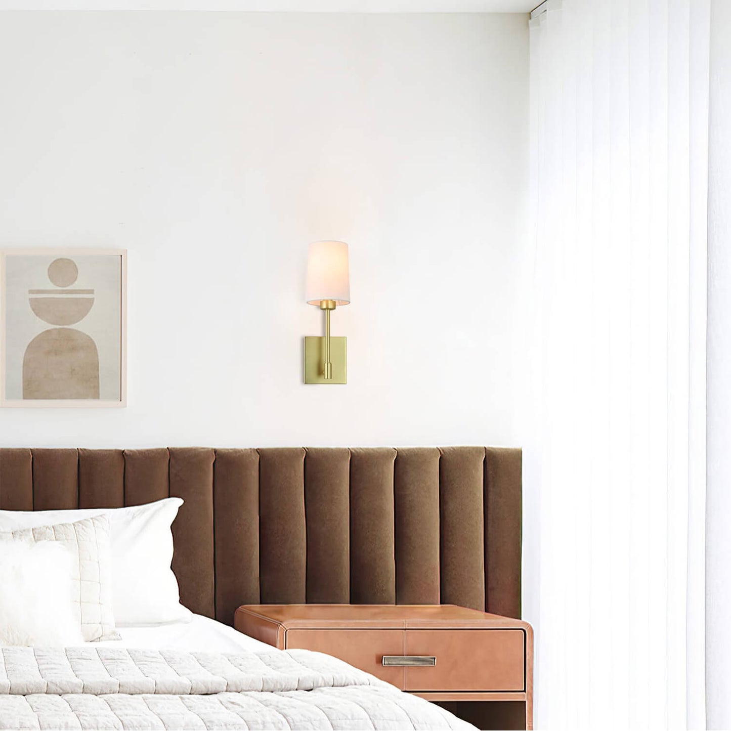 Modern Wall Sconce Light Fixture, Satin Brass Finish, White Fabric Shade, Single Light XB-W1215-1-SB
