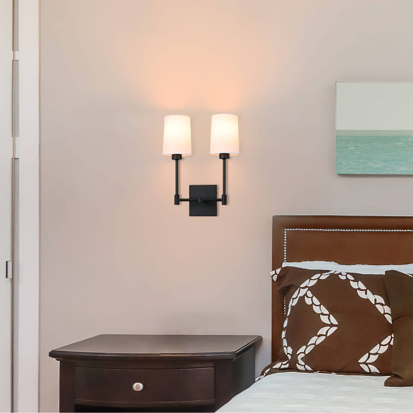 Black Fabric Shade 2-Light Wall Lamp for Bedroom & Living Room XB-W1215-2-MB