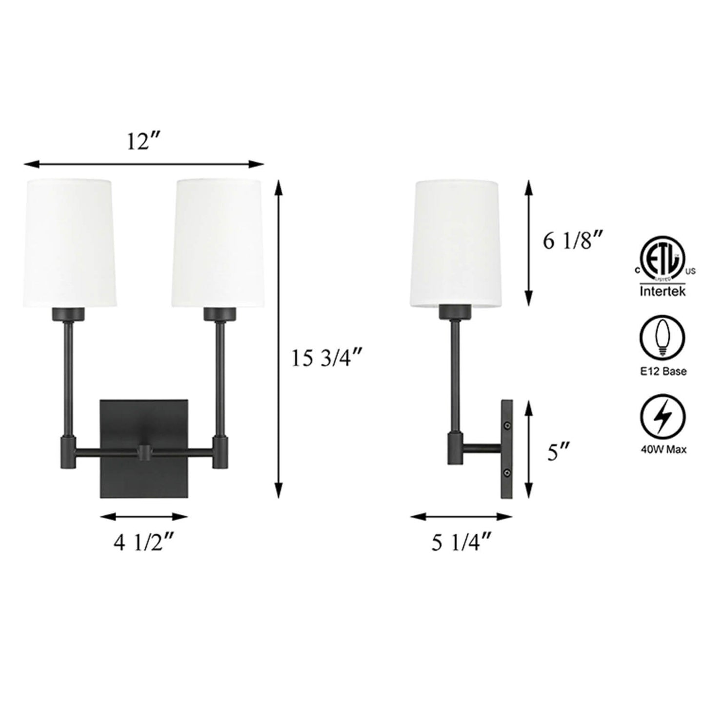 Black Fabric Shade 2-Light Wall Lamp for Bedroom & Living Room XB-W1215-2-MB
